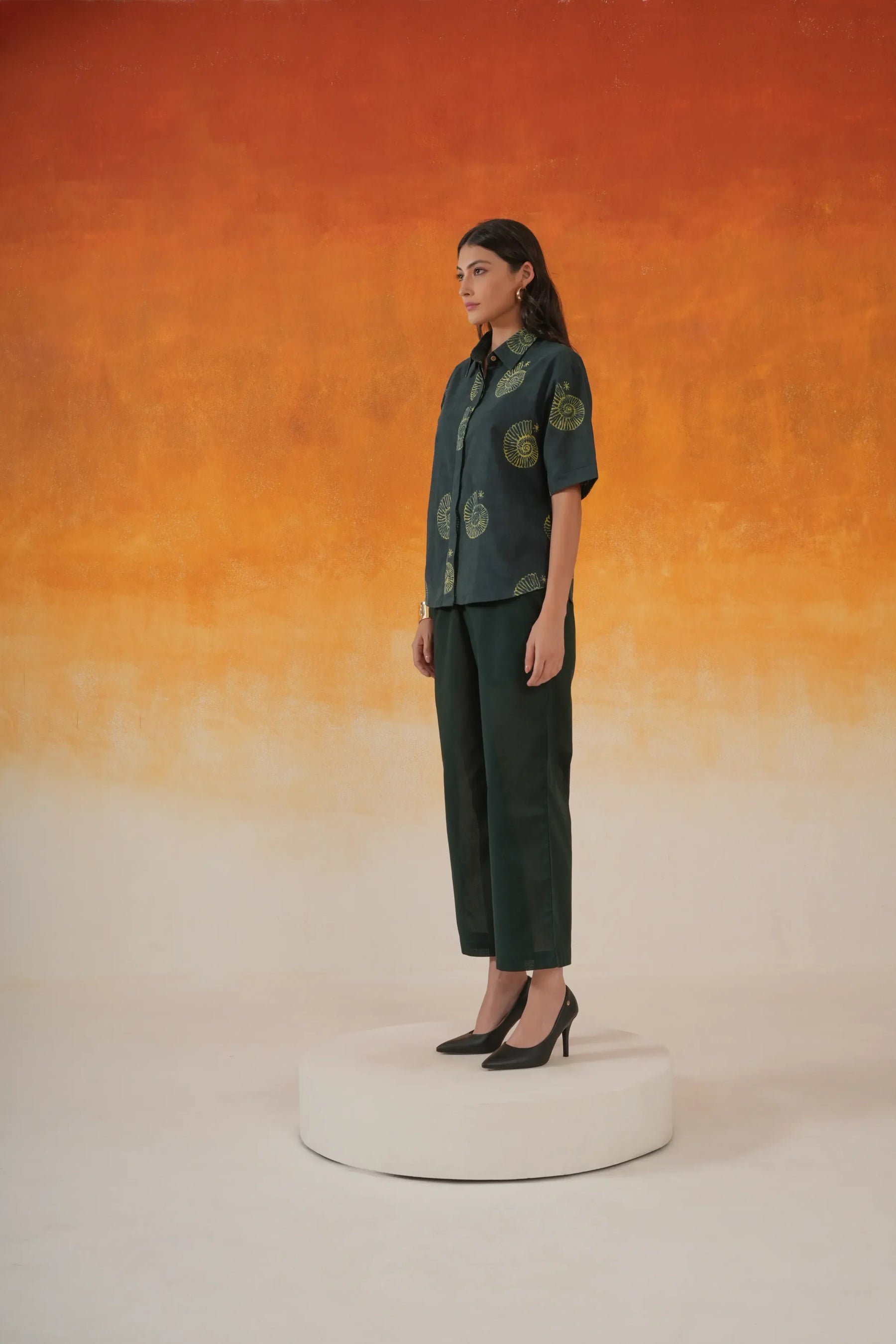 Conch Ajrakh cotton shirt in bottle green - World of Toji