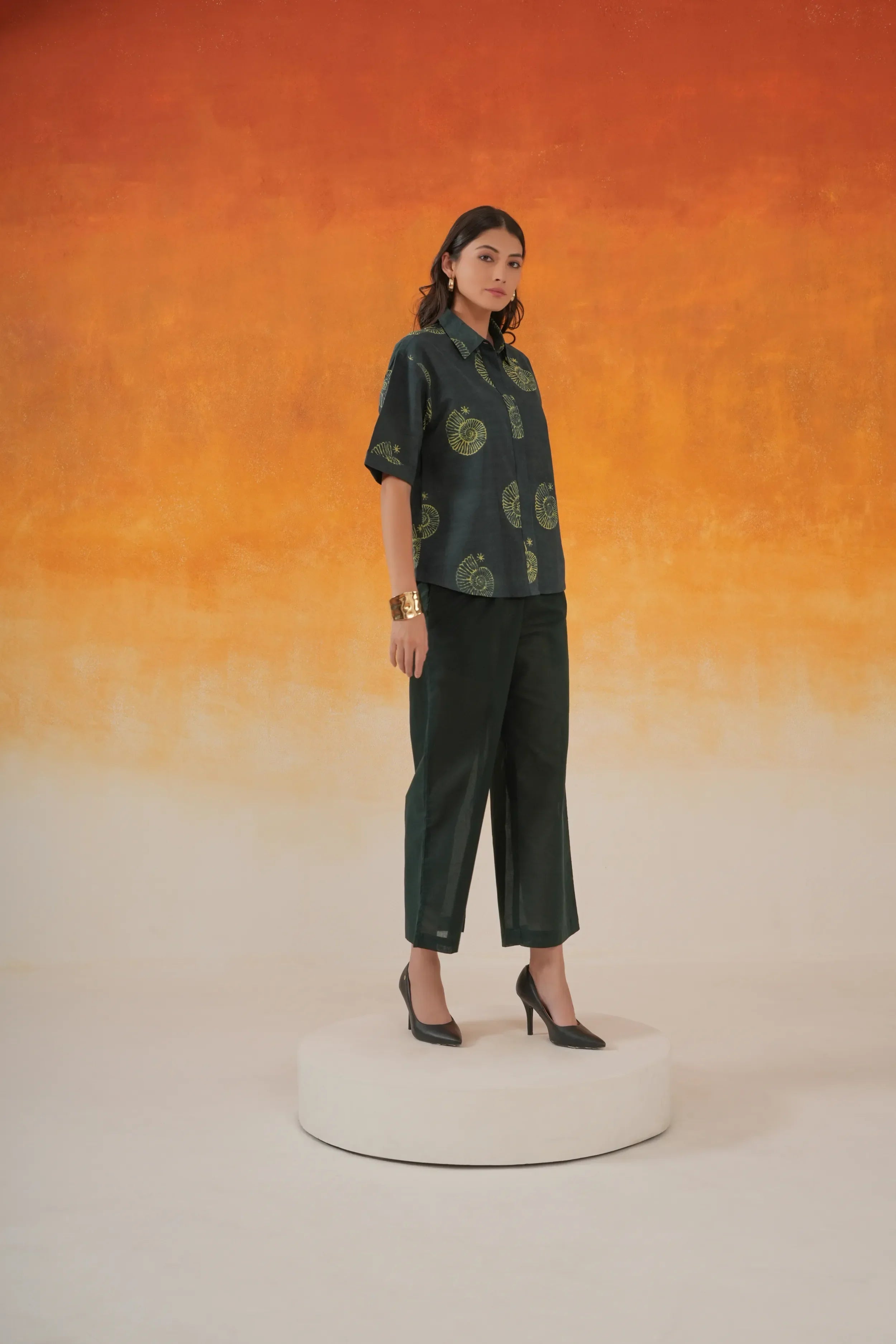 Conch Ajrakh Cotton Shirt - Bottle Green