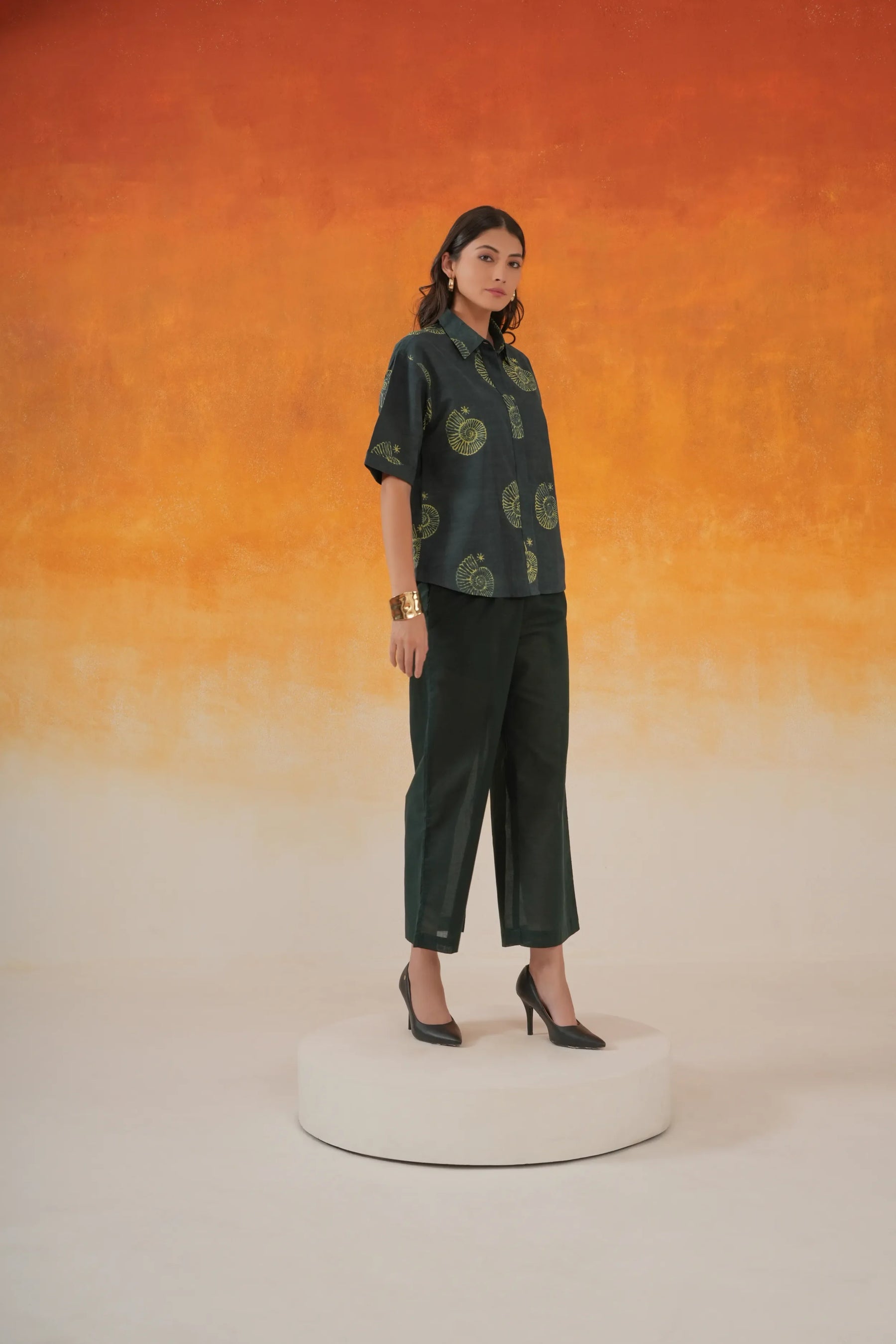 Bottle Green Conch Ajrakh Print Cotton Shirt Coord Set- World of Toji