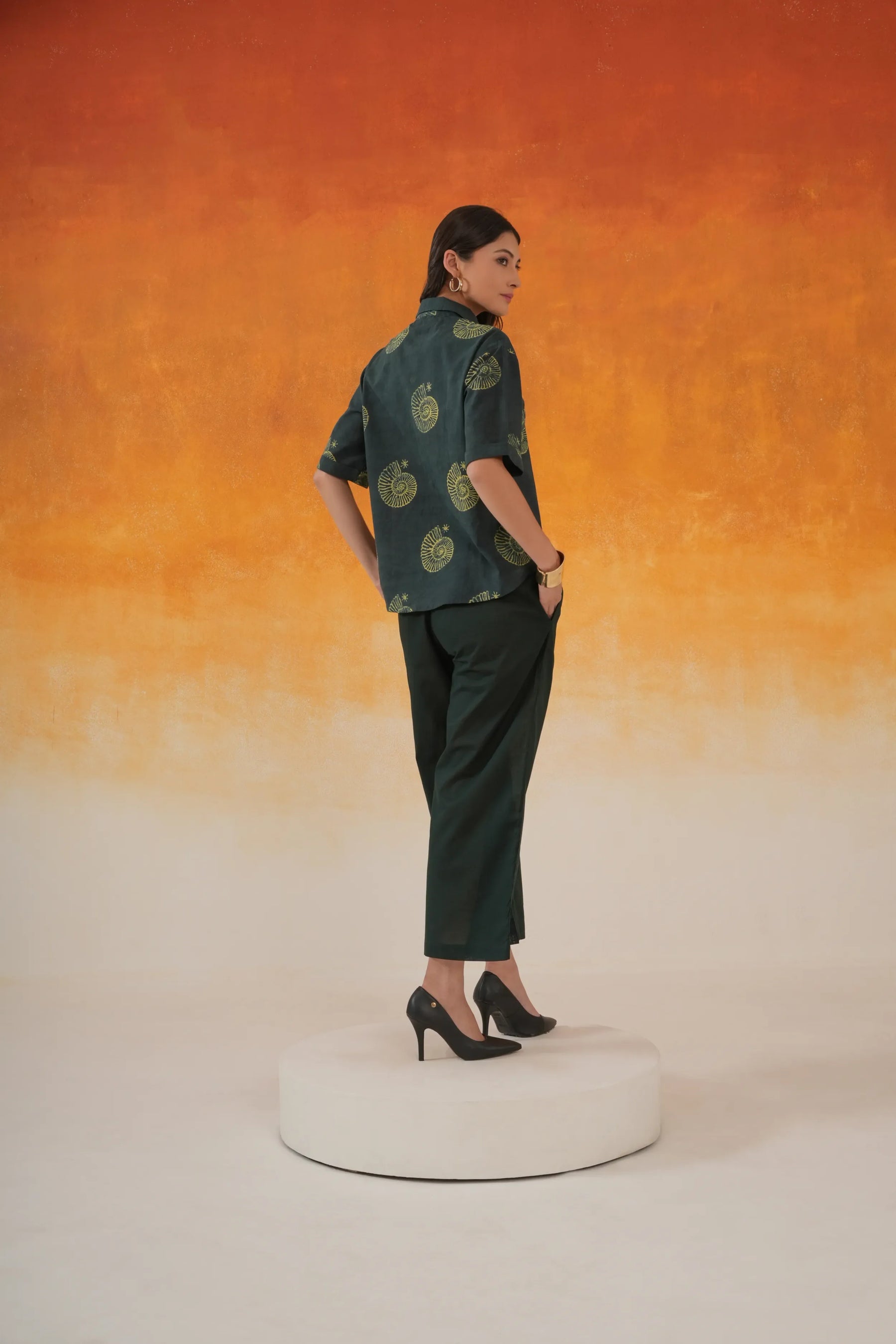 Bottle Green Conch Ajrakh Print Cotton Shirt Coord Set- World of Toji