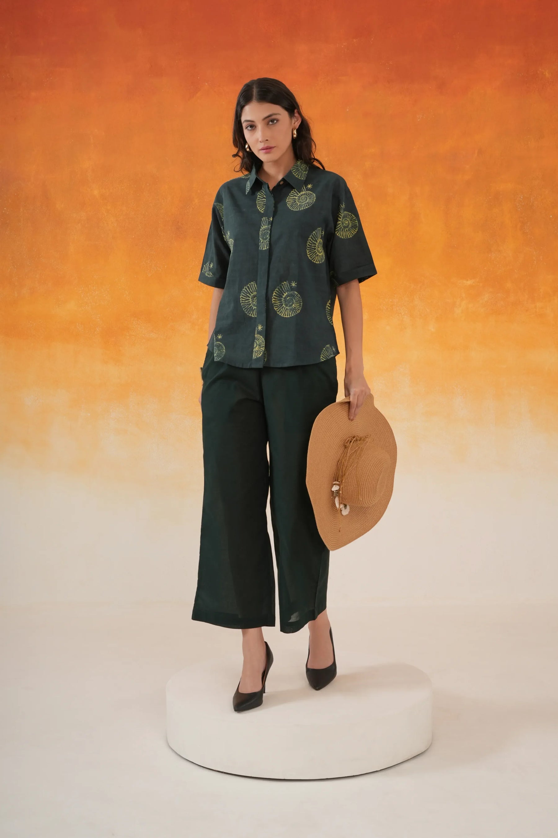 Bottle Green Conch Ajrakh Print Cotton Shirt Coord Set- World of Toji