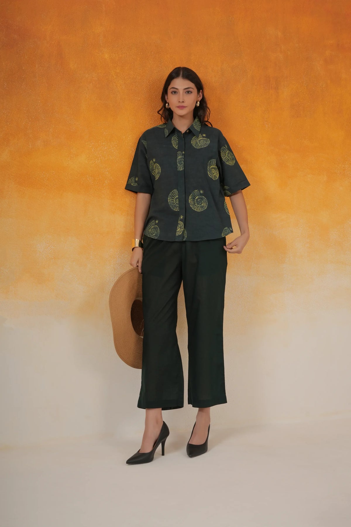 Bottle Green Conch Ajrakh Print Cotton Shirt Coord Set- World of Toji
