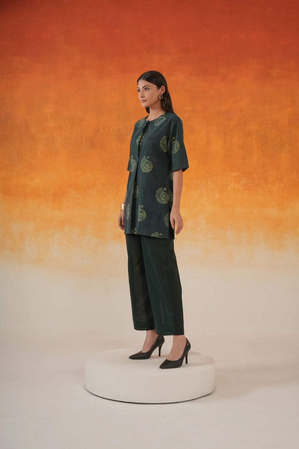 Bottle green Conch Ajrakh cotton co-ord set