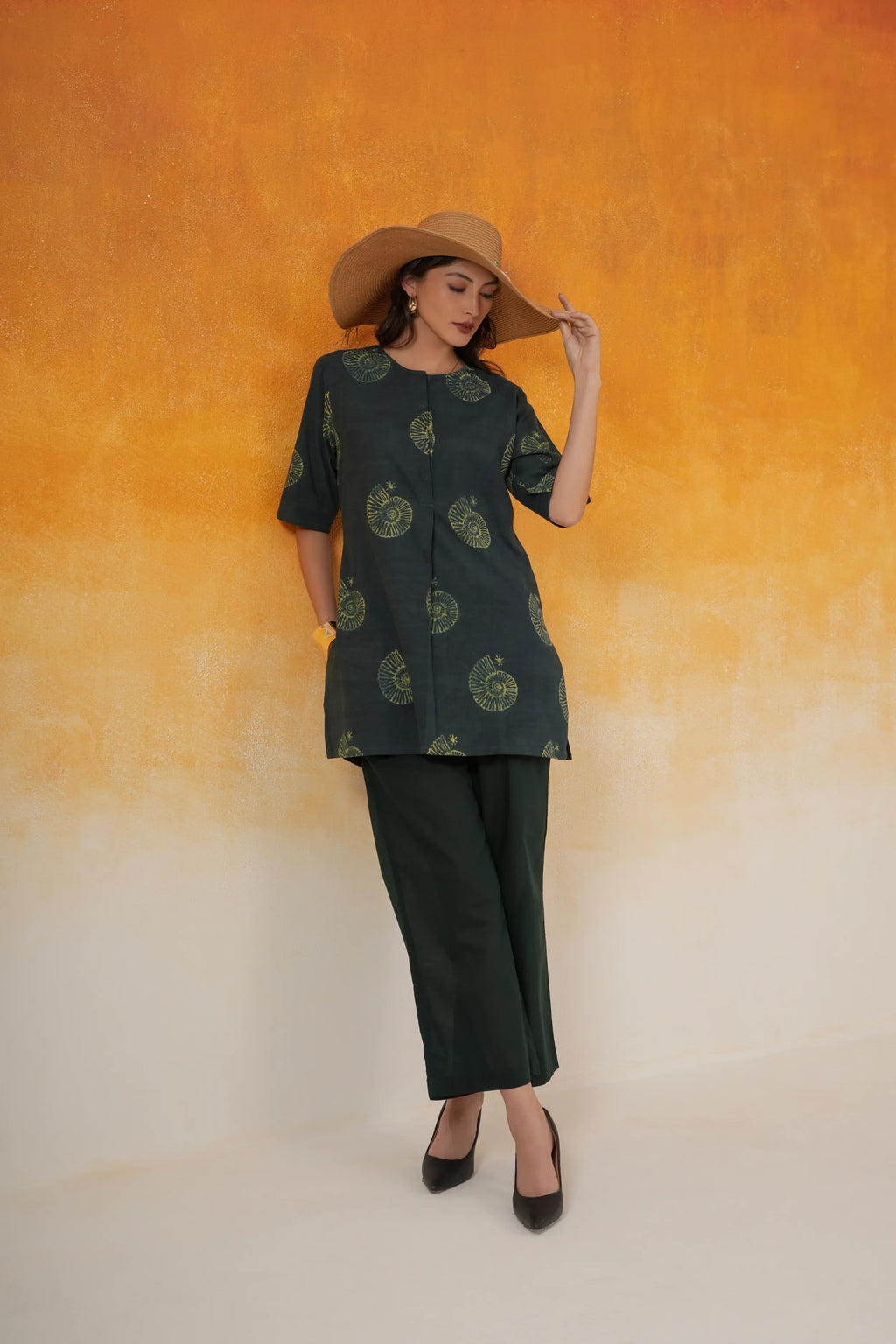 Bottle green Conch Ajrakh cotton co-ord set