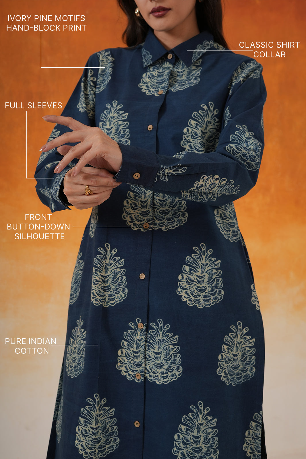 Pine Shirt Style Ajrakh Cotton Kurta - Indigo