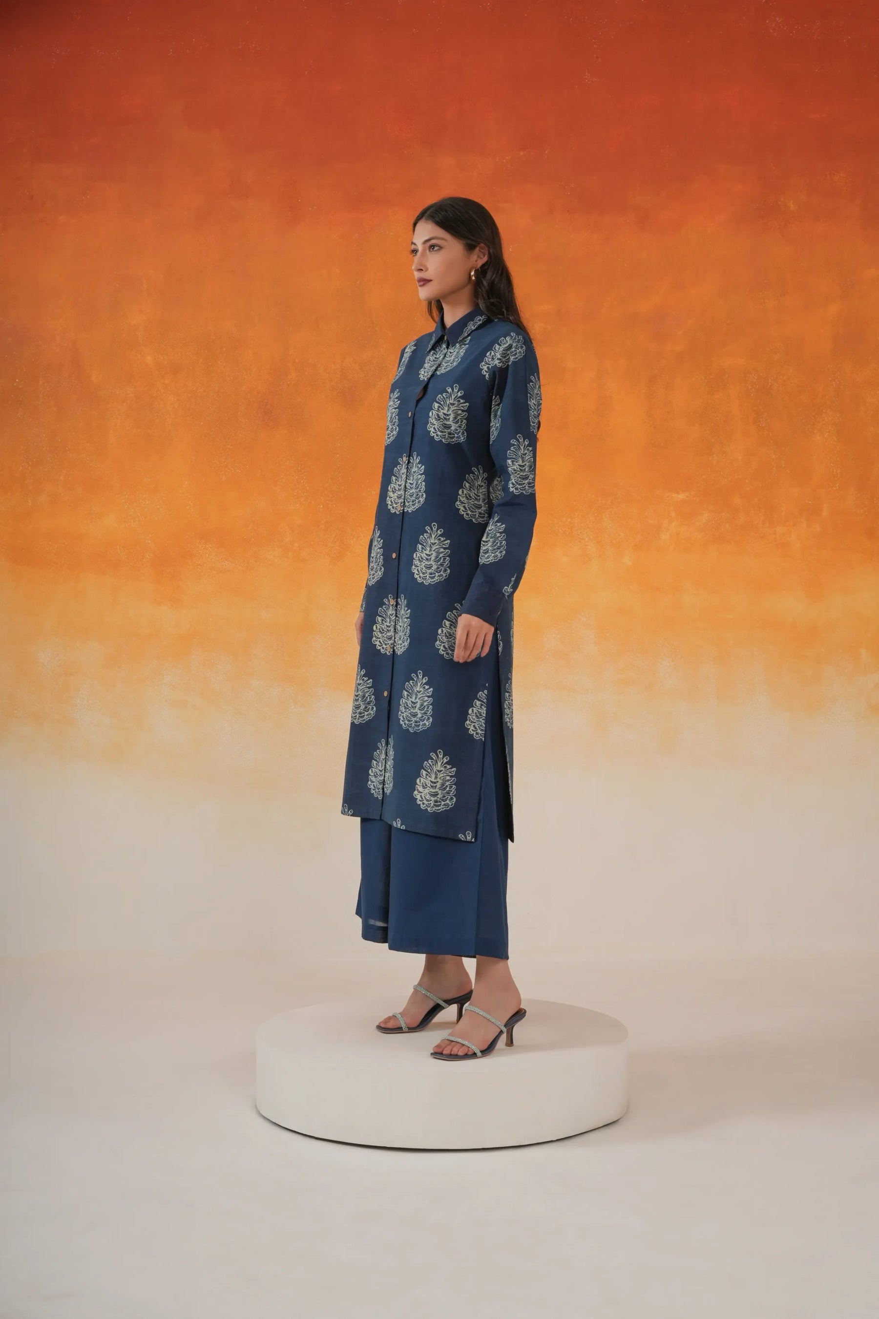 Pine shirt-style Ajrakh cotton kurta set indigo - World of Toji