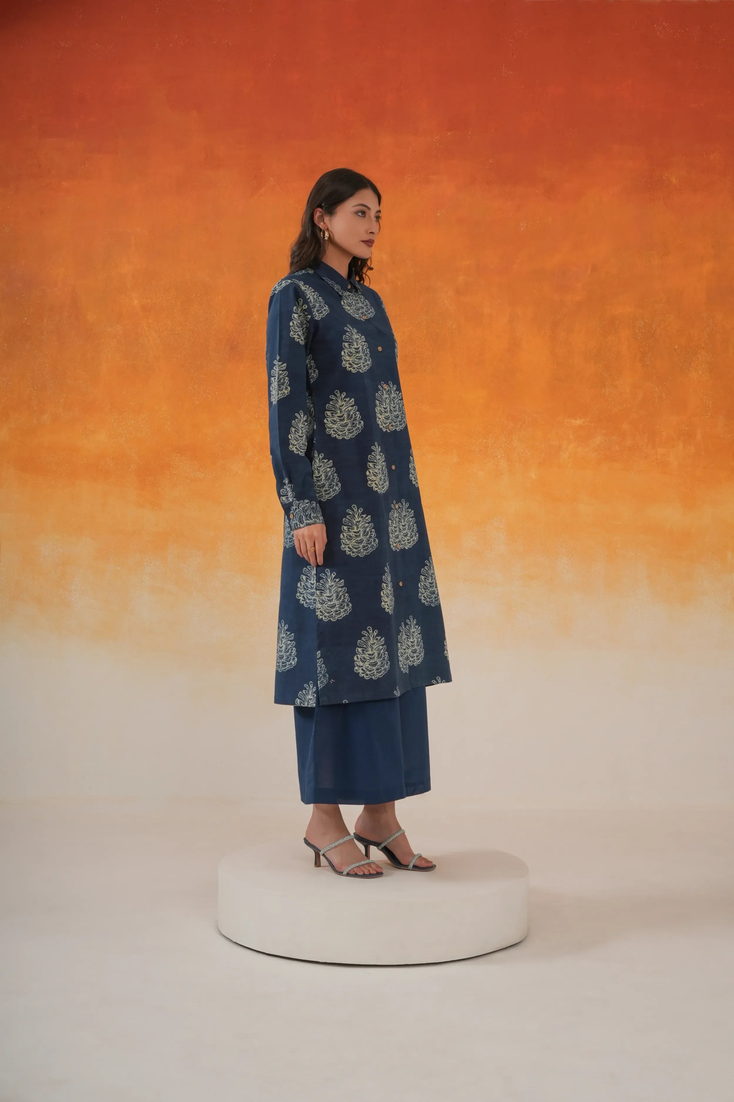 Pine shirt-style Ajrakh cotton kurta set indigo