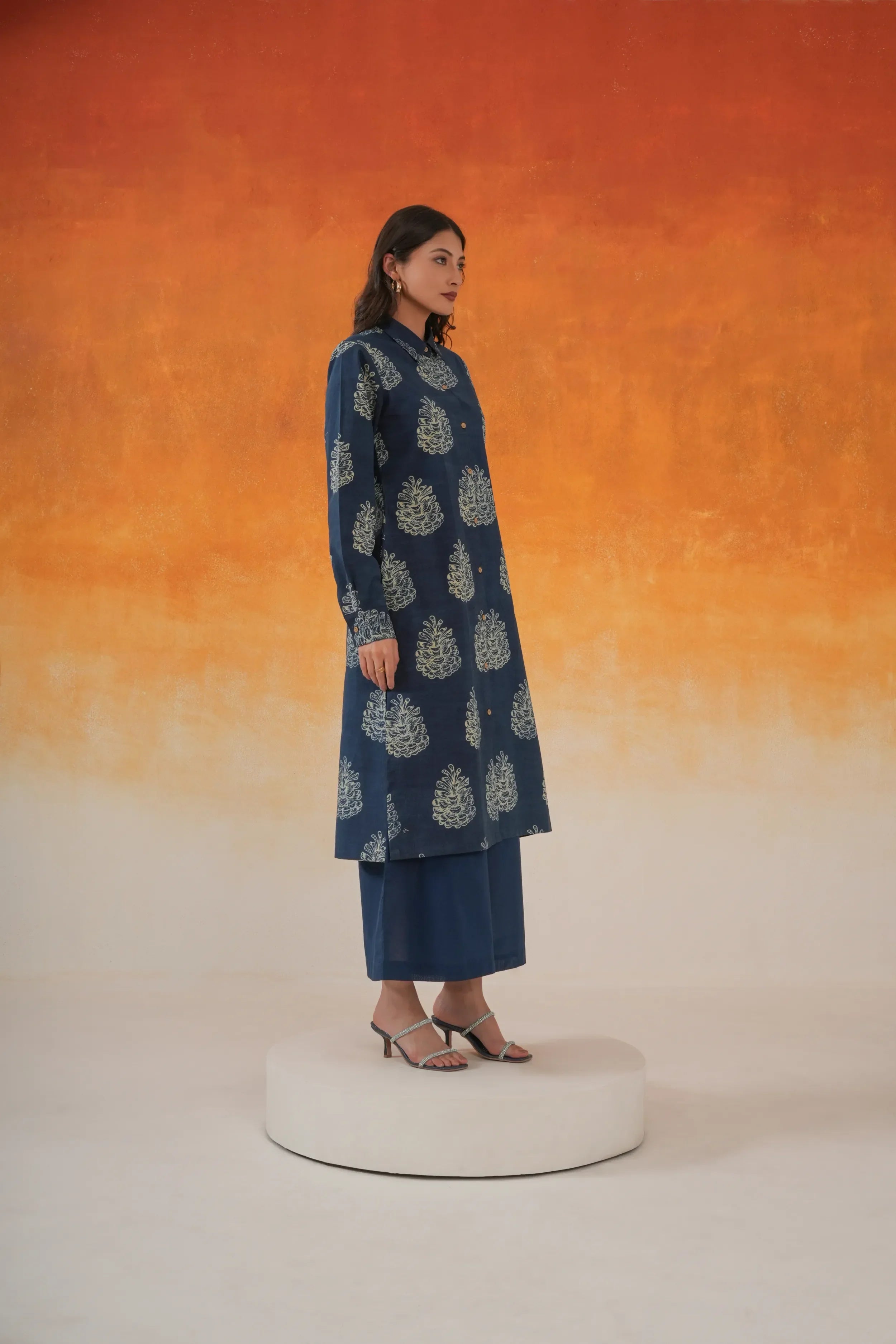Pine Shirt Style Ajrakh Cotton Kurta - Indigo