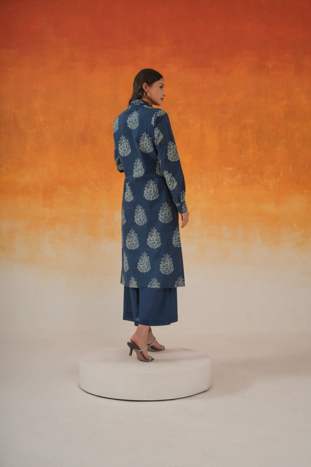 Pine shirt-style Ajrakh cotton kurta set indigo