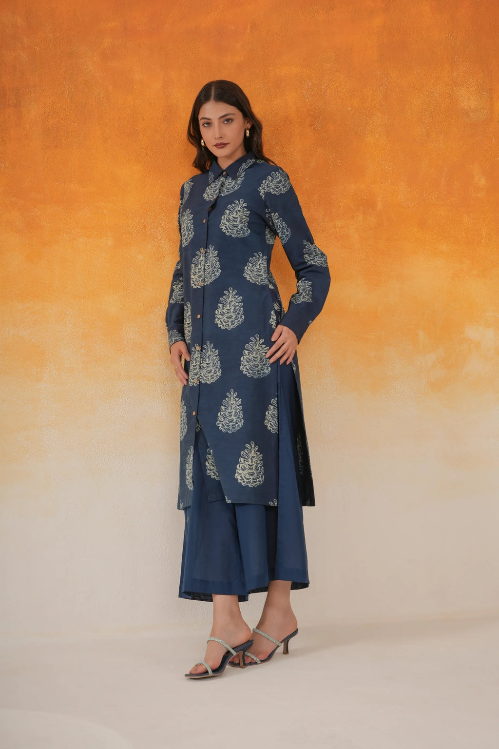 Pine shirt-style Ajrakh cotton kurta set indigo
