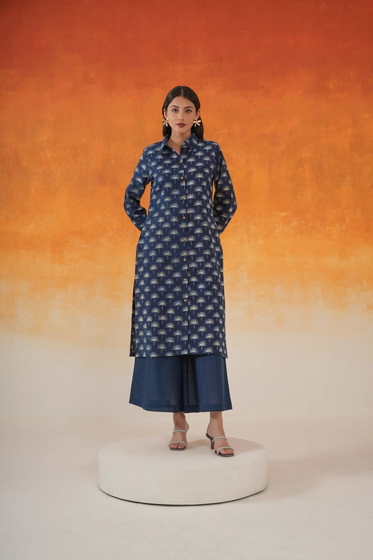 Maple shirt-style Ajrakh cotton kurta set indigo - World of Toji