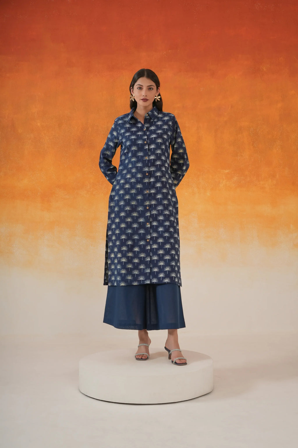 Maple Shirt Style Ajrakh Cotton Kurta - Indigo