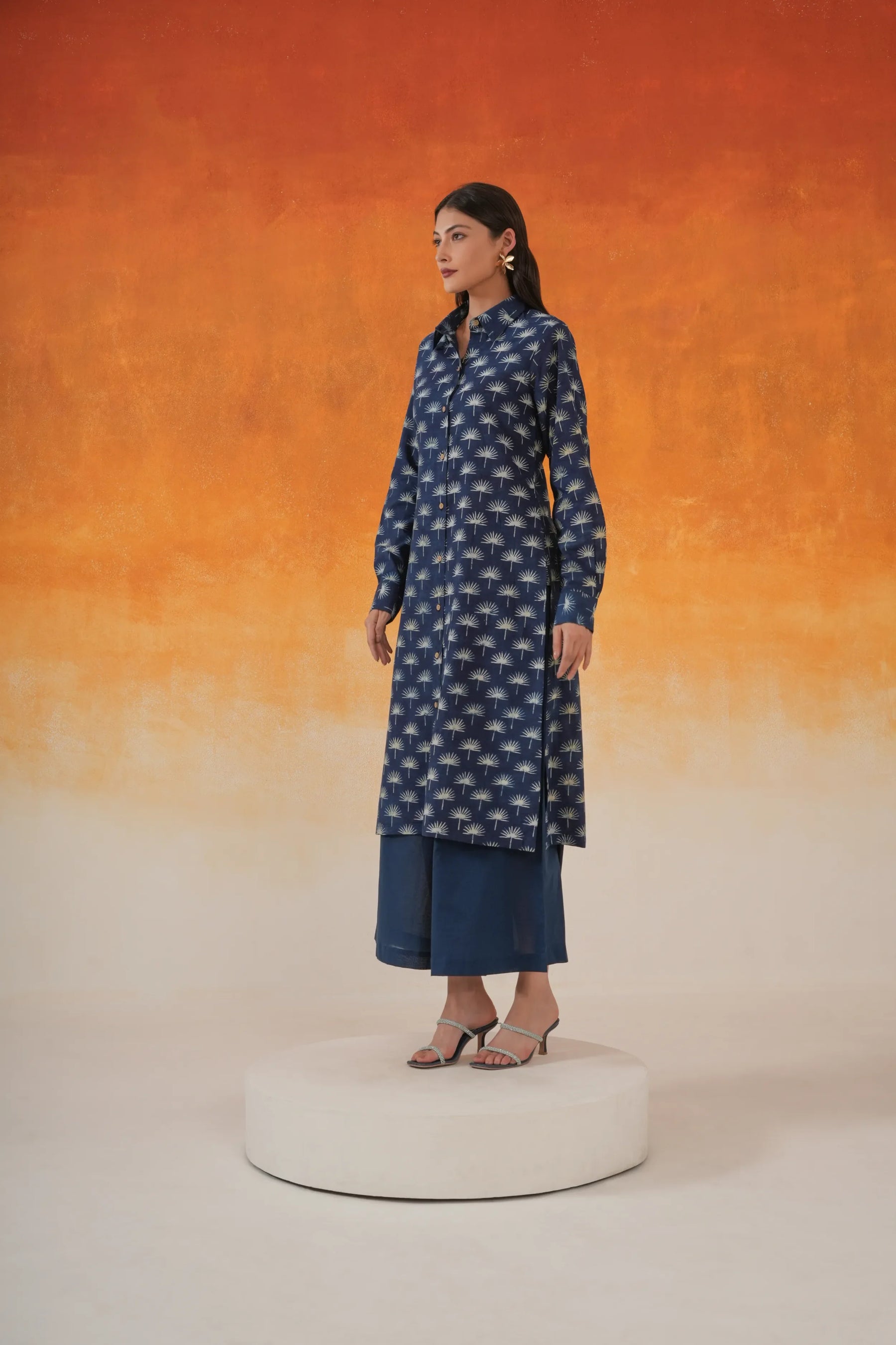 Maple shirt-style Ajrakh cotton kurta set indigo - World of Toji