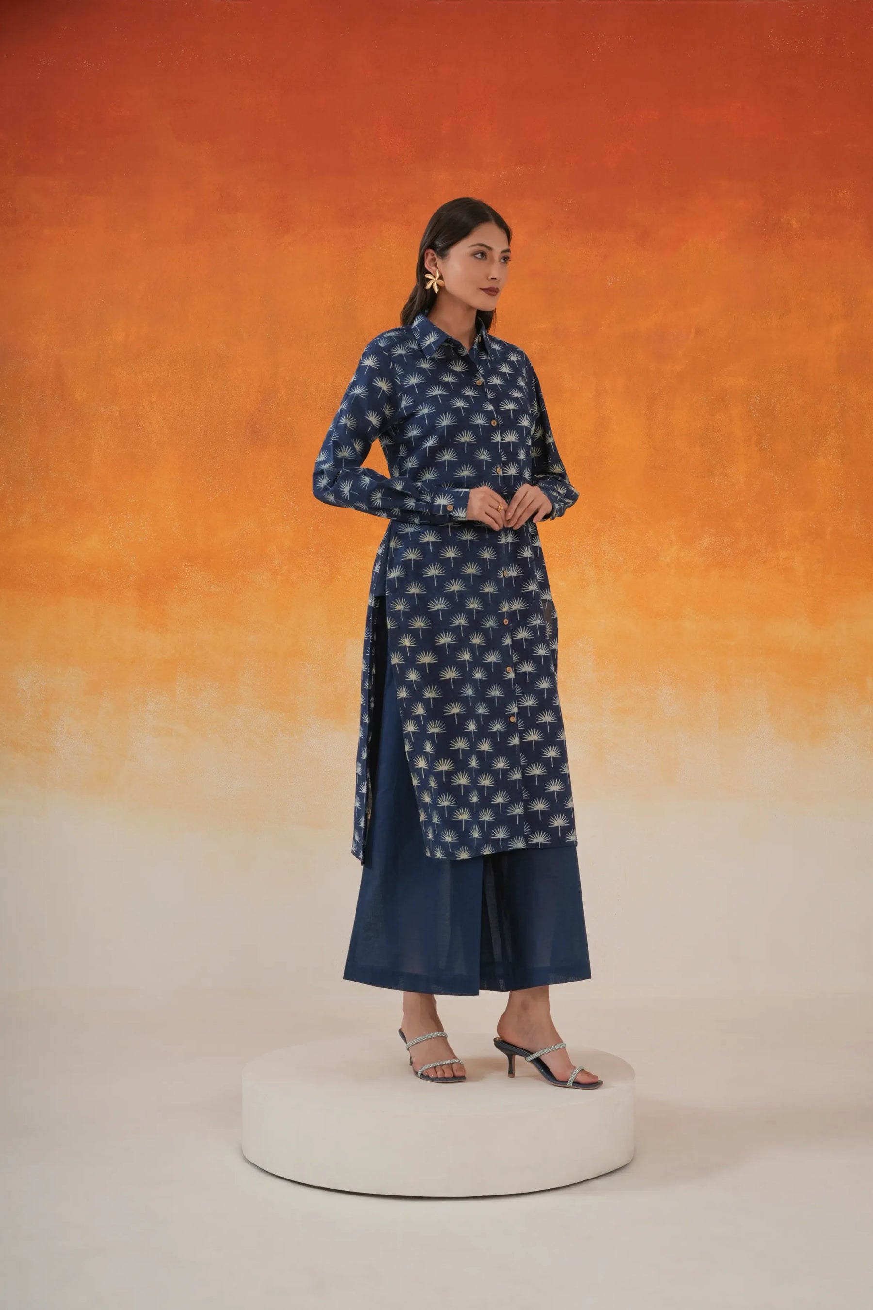 Maple shirt-style Ajrakh cotton kurta set indigo - World of Toji