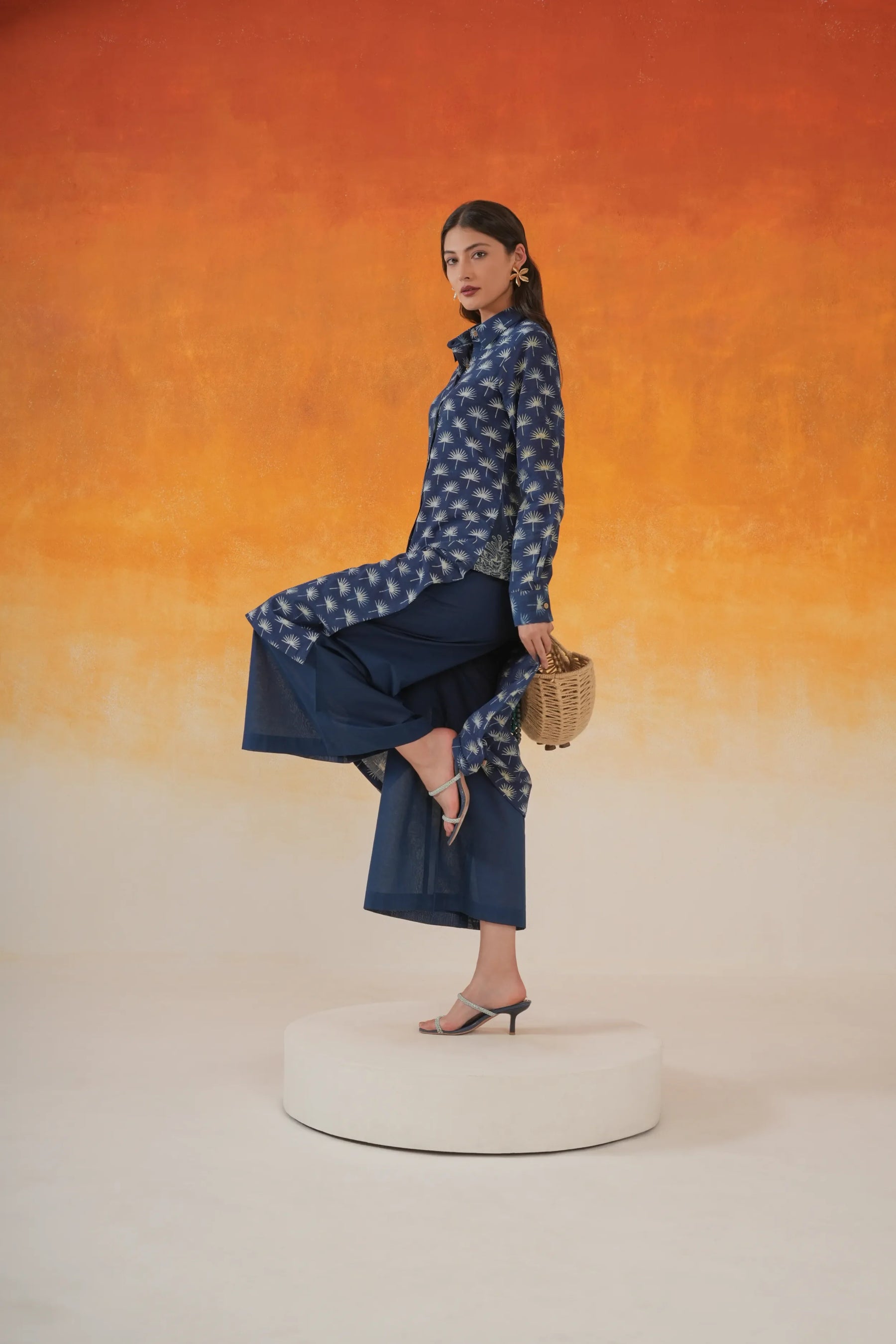 Maple shirt-style Ajrakh cotton kurta set indigo - World of Toji