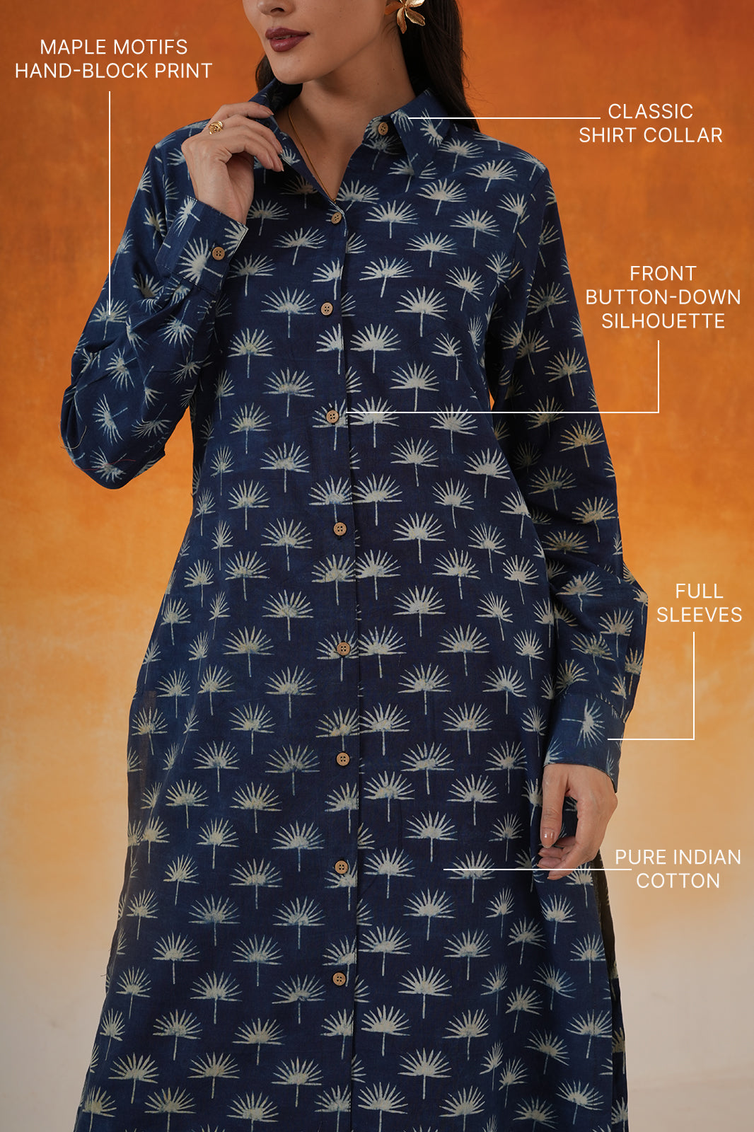 Maple shirt-style Ajrakh cotton kurta set indigo - World of Toji