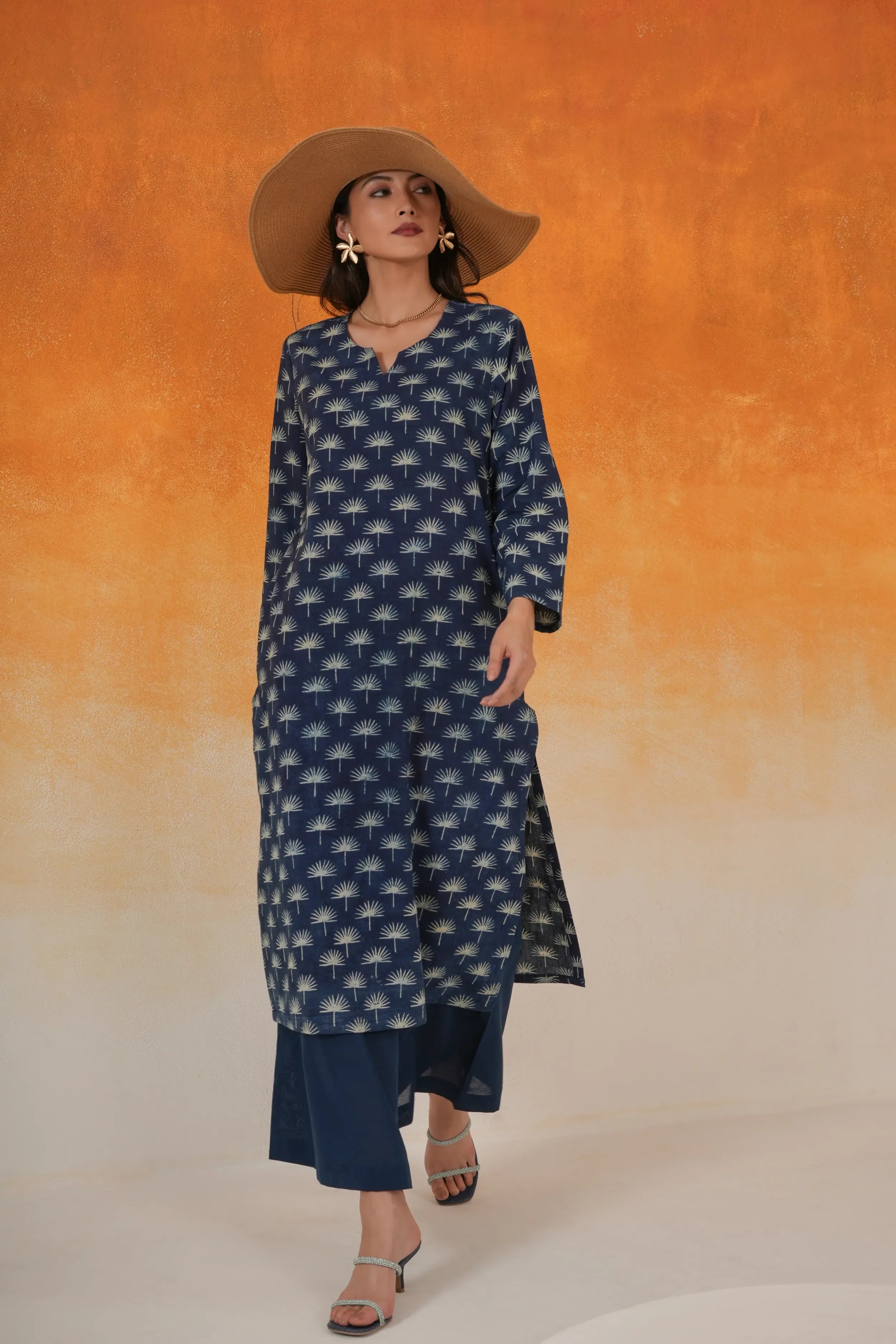 Maple straight Ajrakh cotton kurta set indigo
