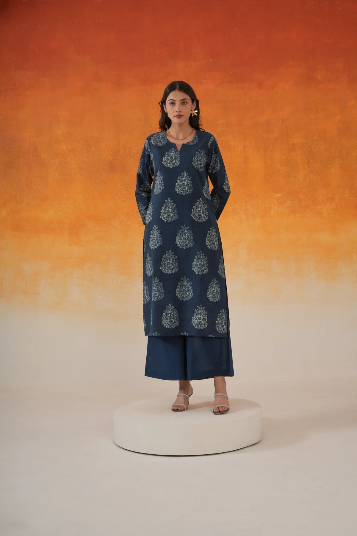 Pine straight Ajrakh cotton kurta set indigo - World of Toji