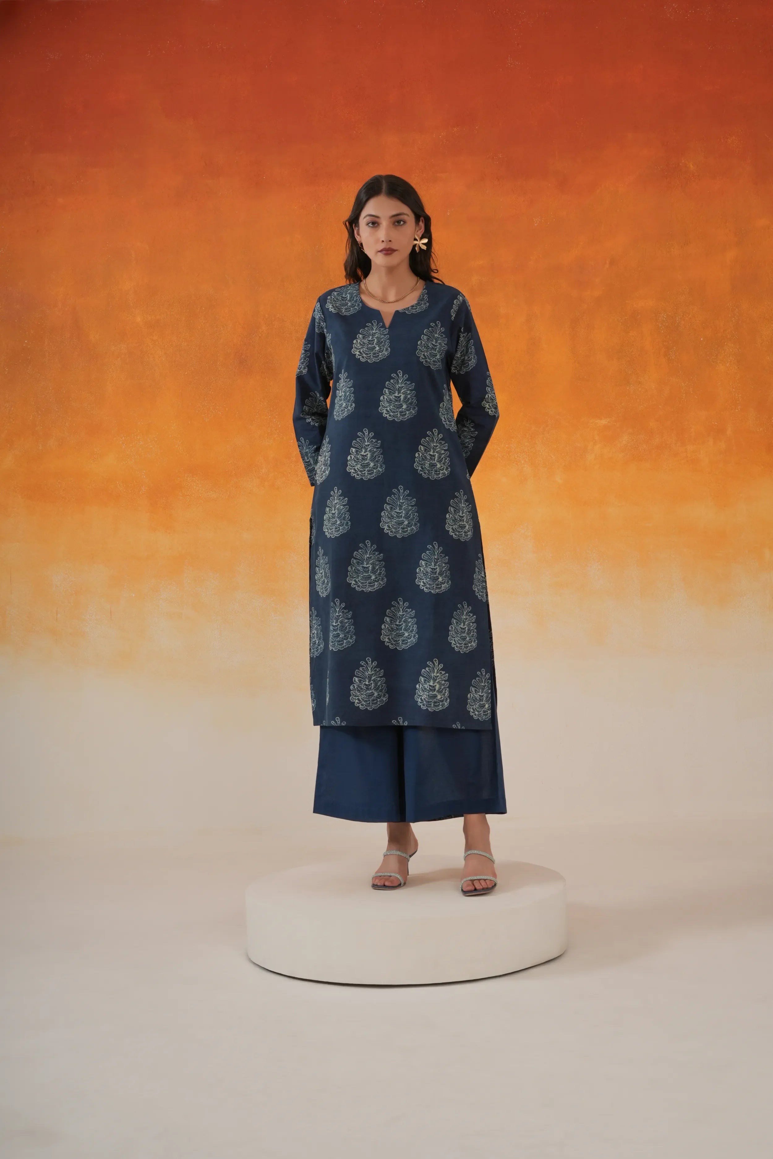 Pine straight Ajrakh cotton kurta set indigo