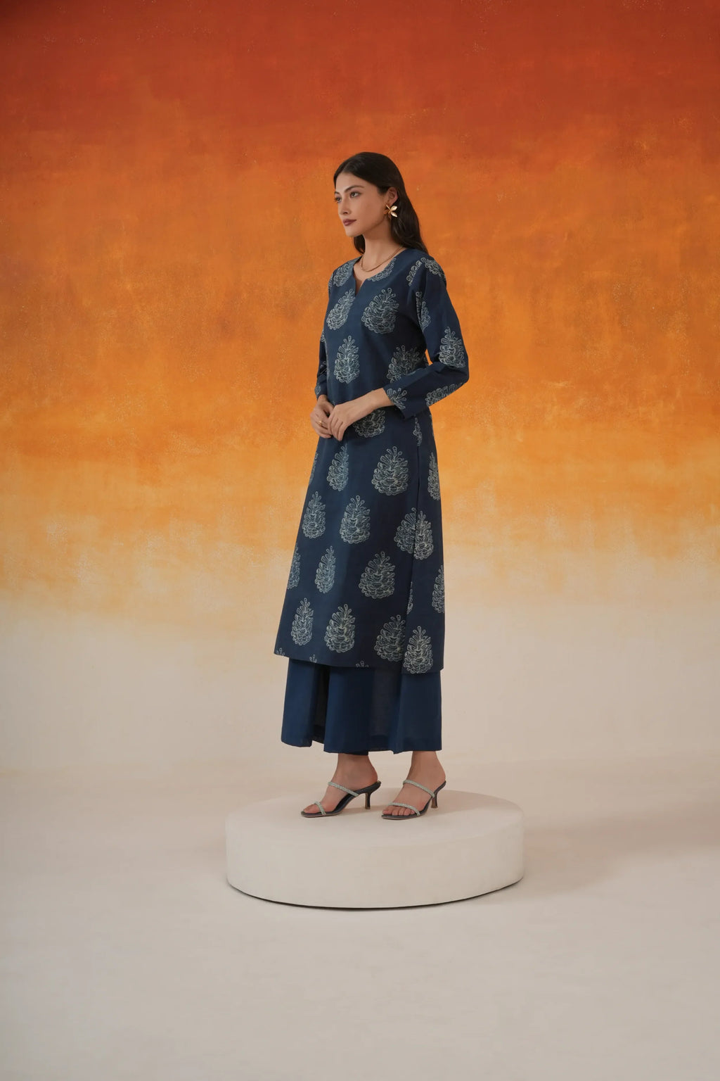 Pine Straight Ajrakh Cotton Kurta - Indigo