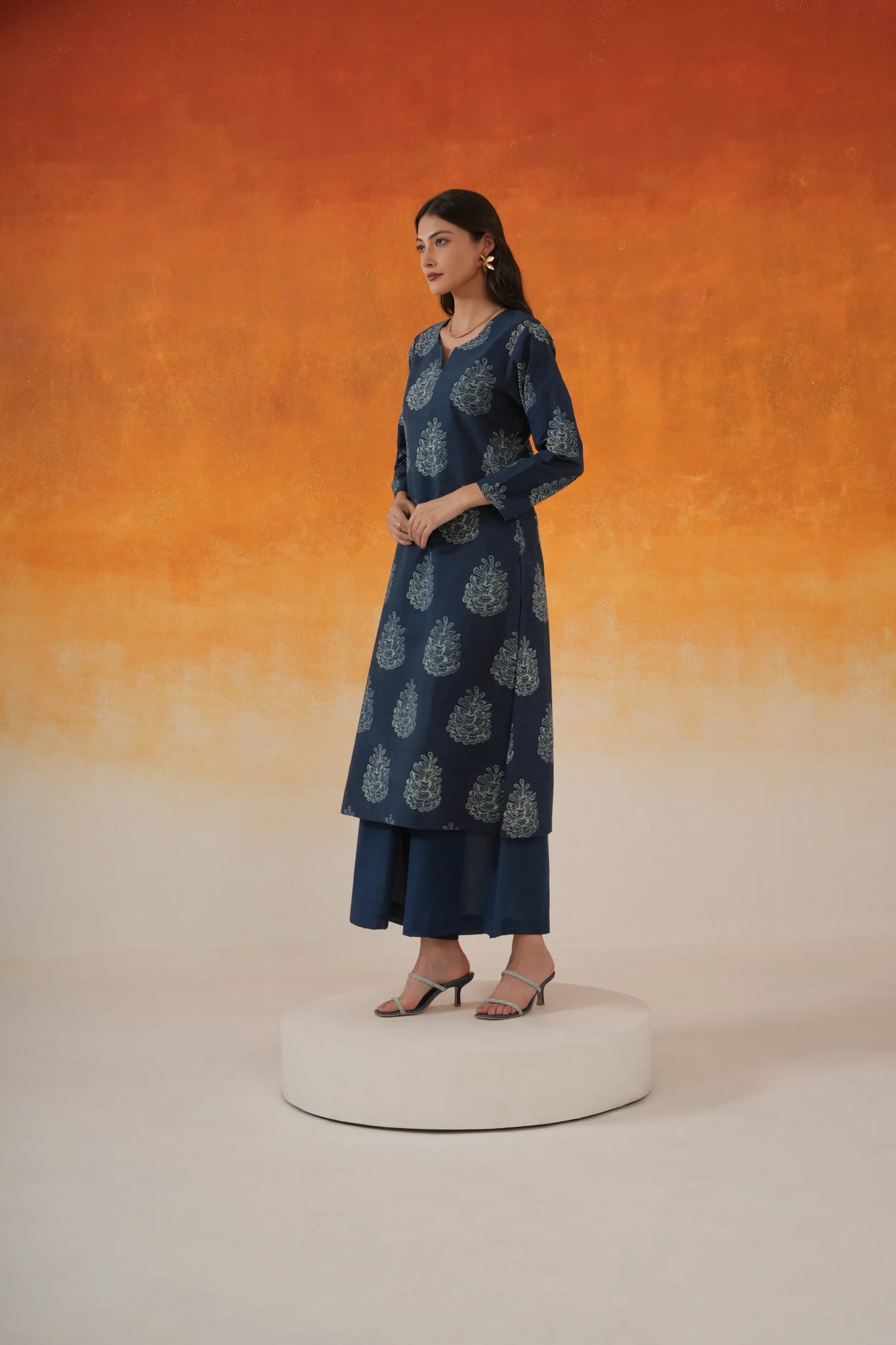 Pine straight Ajrakh cotton kurta set indigo - World of Toji