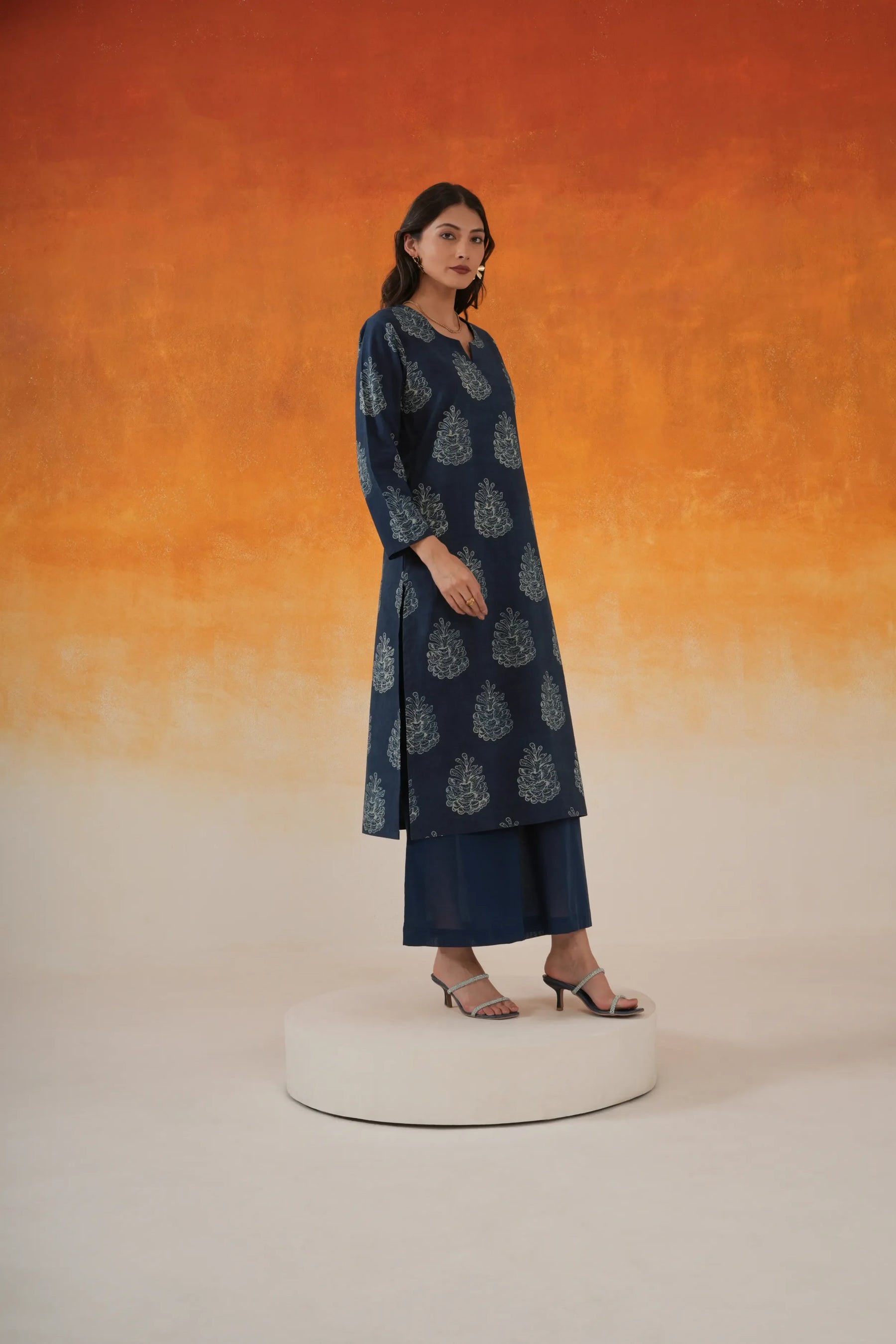 Pine straight Ajrakh cotton kurta set indigo - World of Toji
