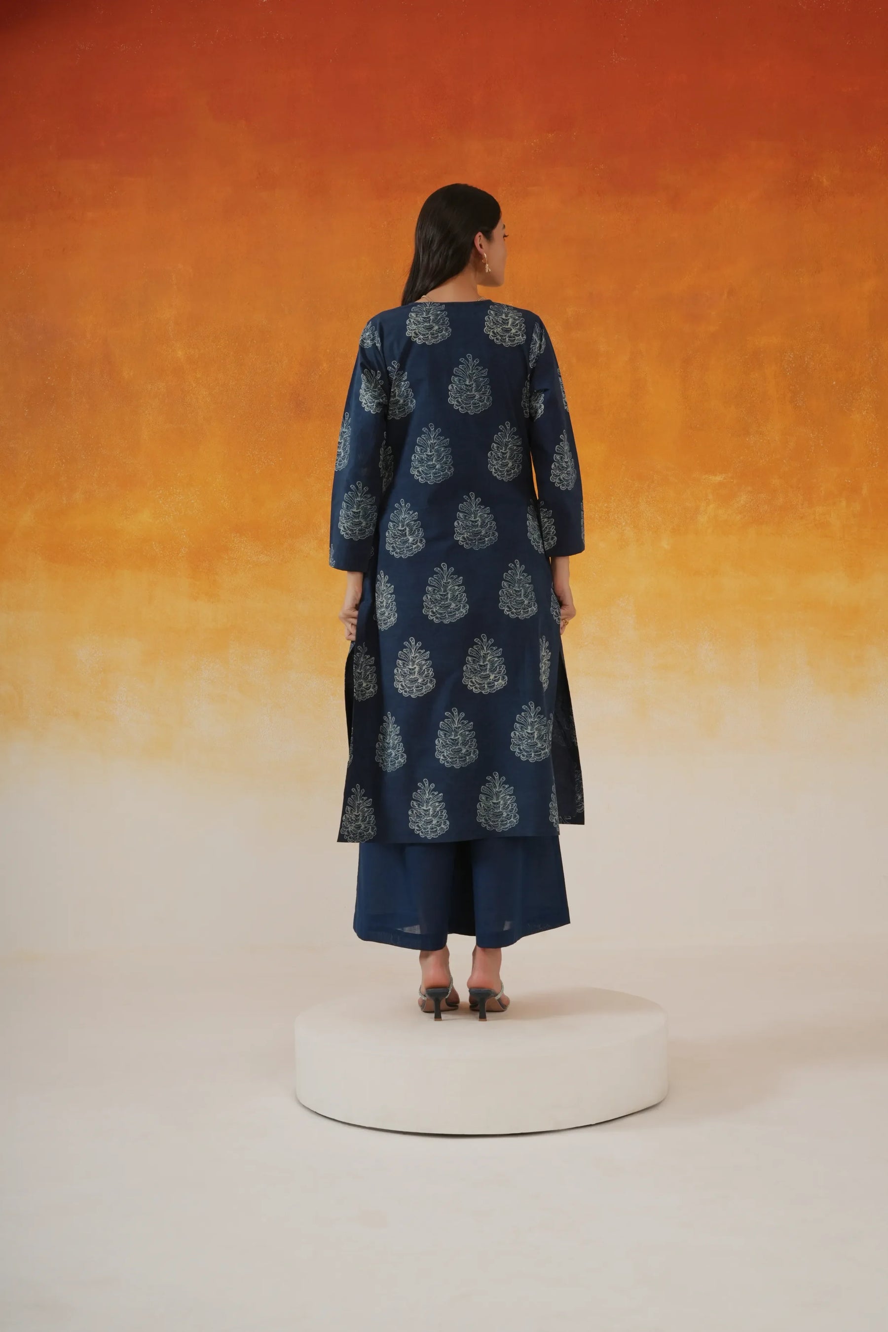 Pine straight Ajrakh cotton kurta set indigo - World of Toji