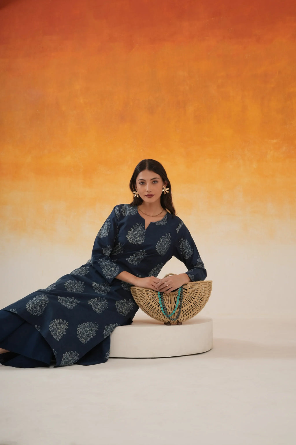 Pine Straight Ajrakh Cotton Kurta - Indigo