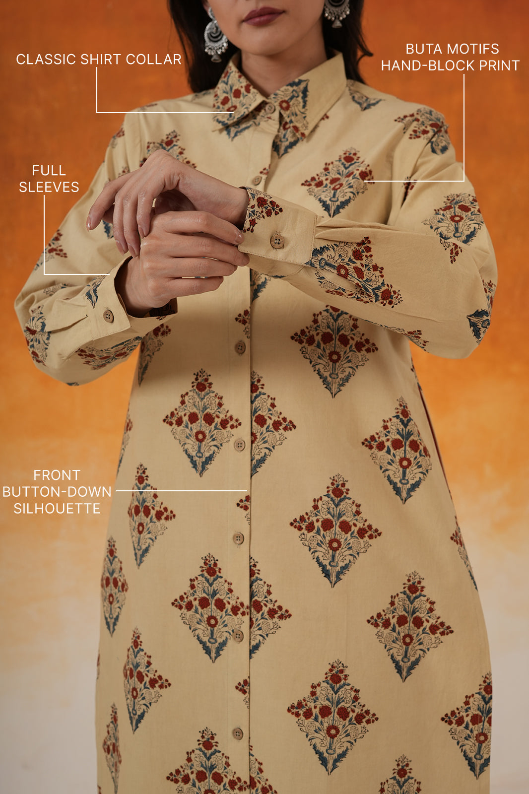 Buta shirt-style Ajrakh cotton kurta in ivory - World of Toji