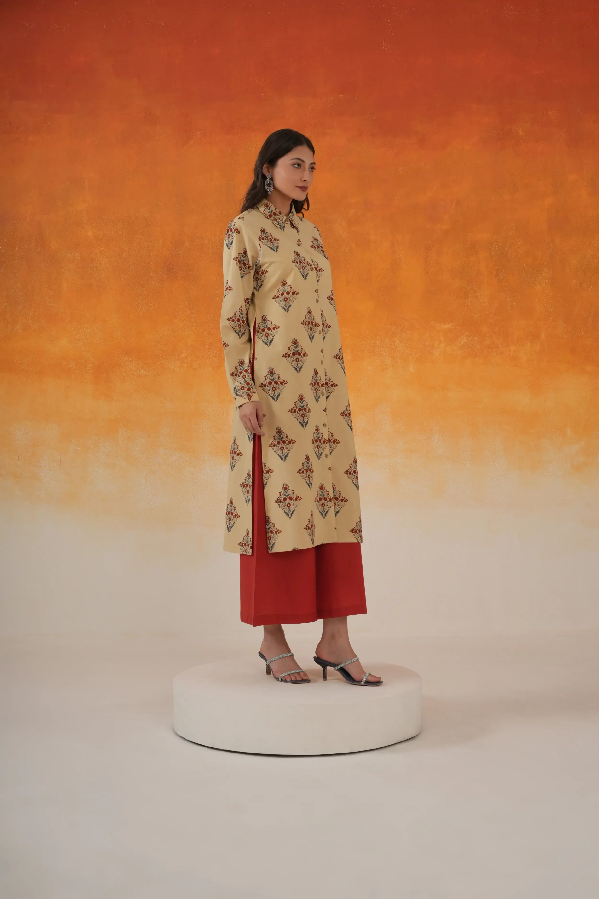 Buta shirt-style Ajrakh cotton kurta set ivory
