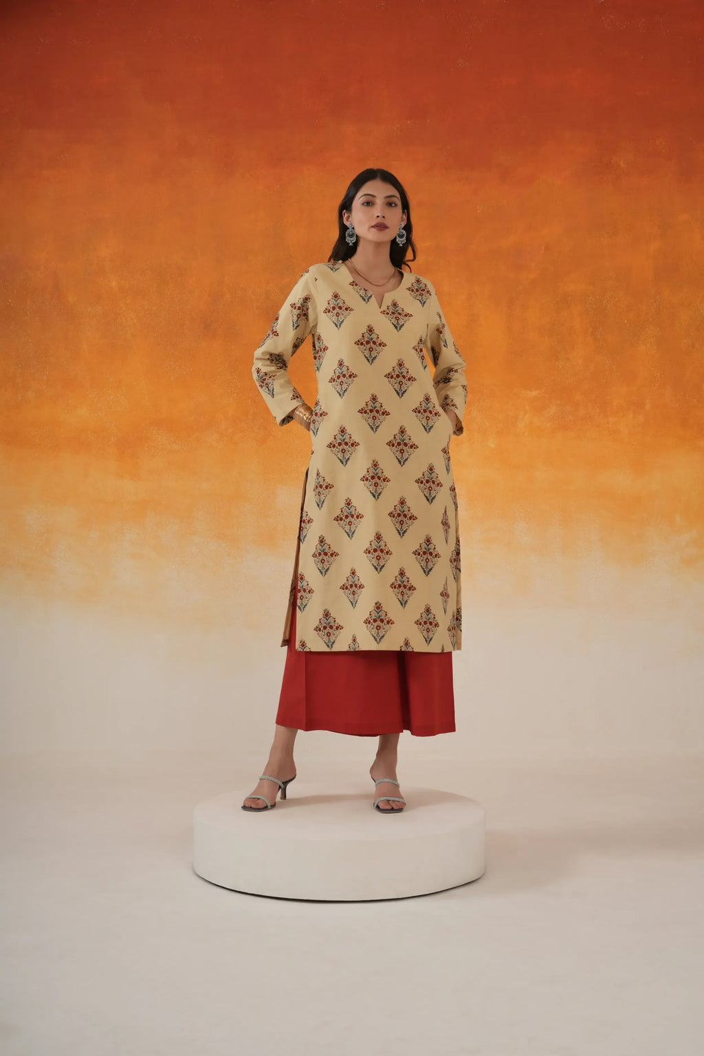 Buta Straight Ajrakh Cotton Kurta - Ivory