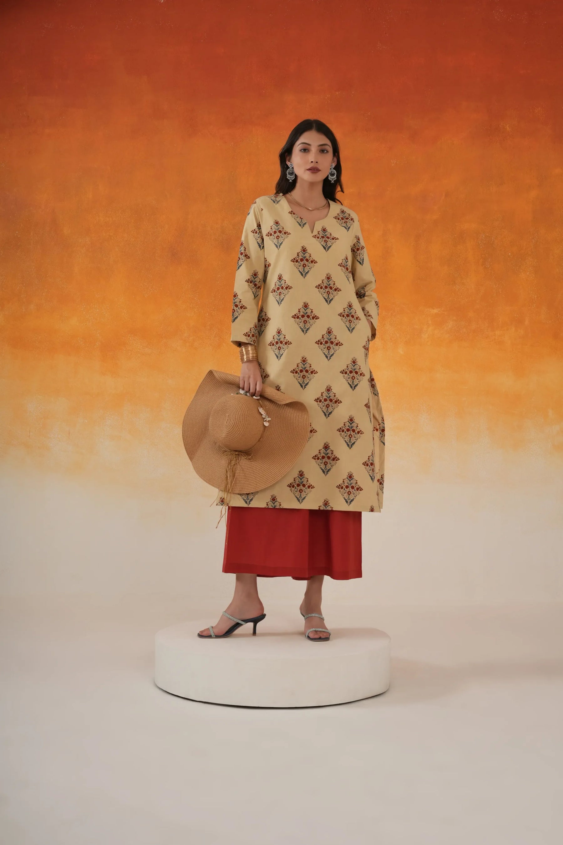 Buta straight fit Ajrakh cotton kurta set in ivory - World of Toji
