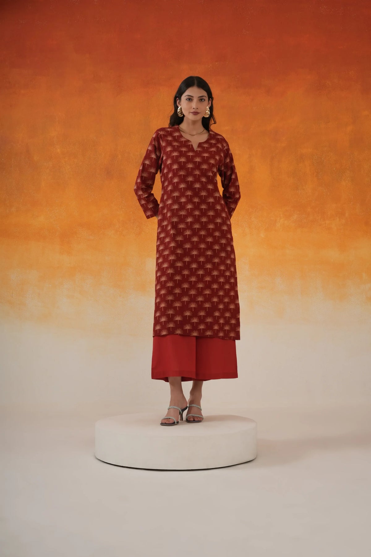 Maple straight fit Ajrakh cotton kurta set in madder red - World of Toji