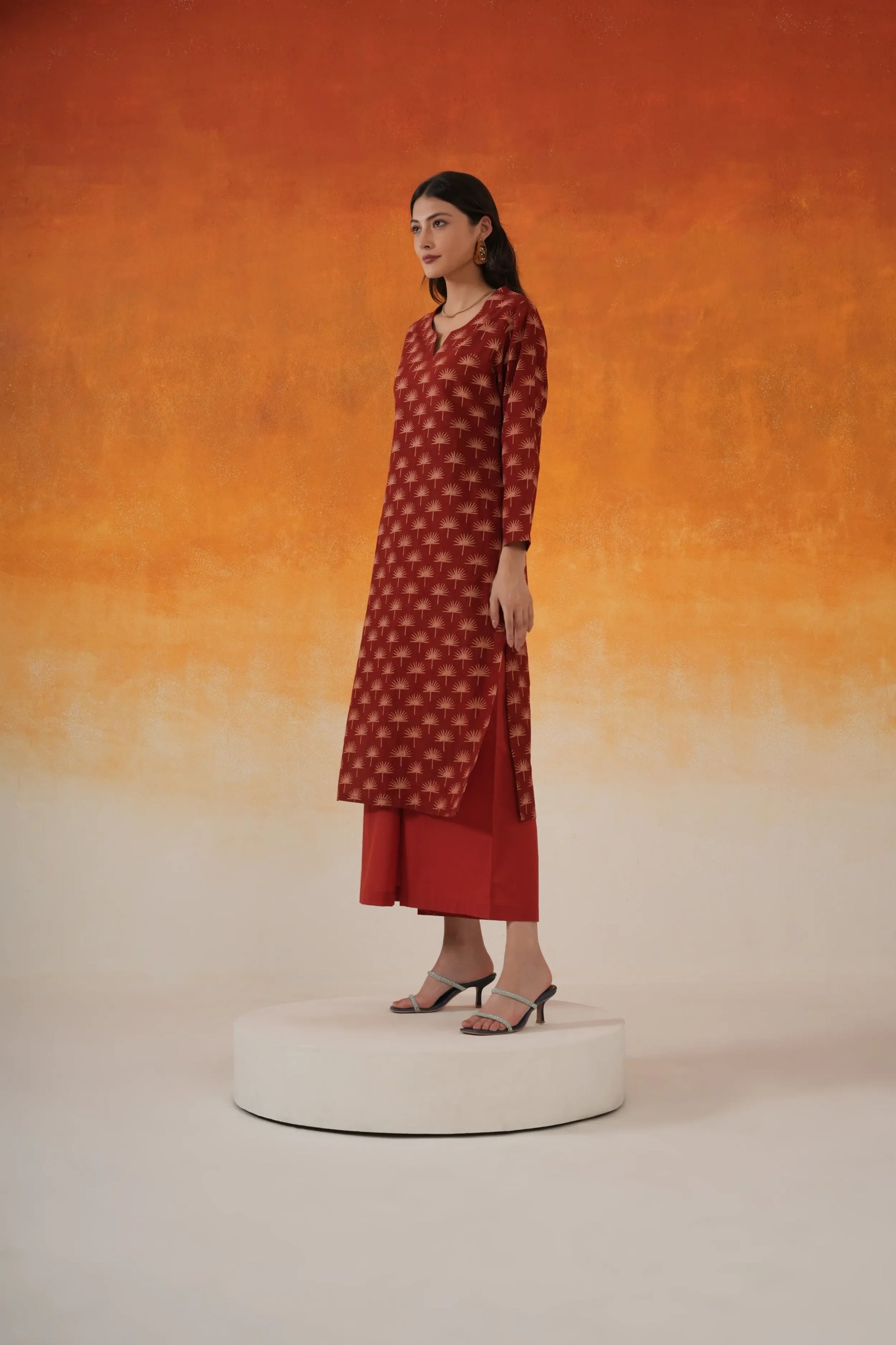 Maple straight fit Ajrakh cotton kurta set in madder red - World of Toji