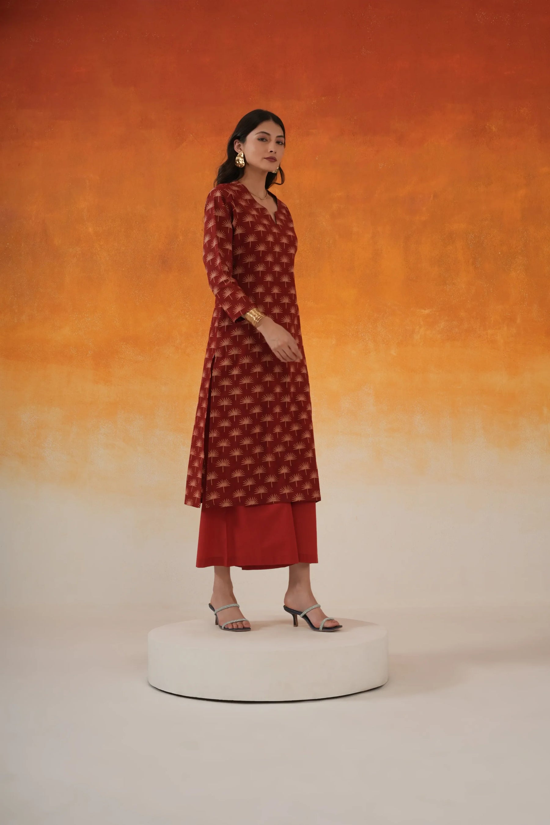 Maple straight fit Ajrakh cotton kurta set in madder red - World of Toji