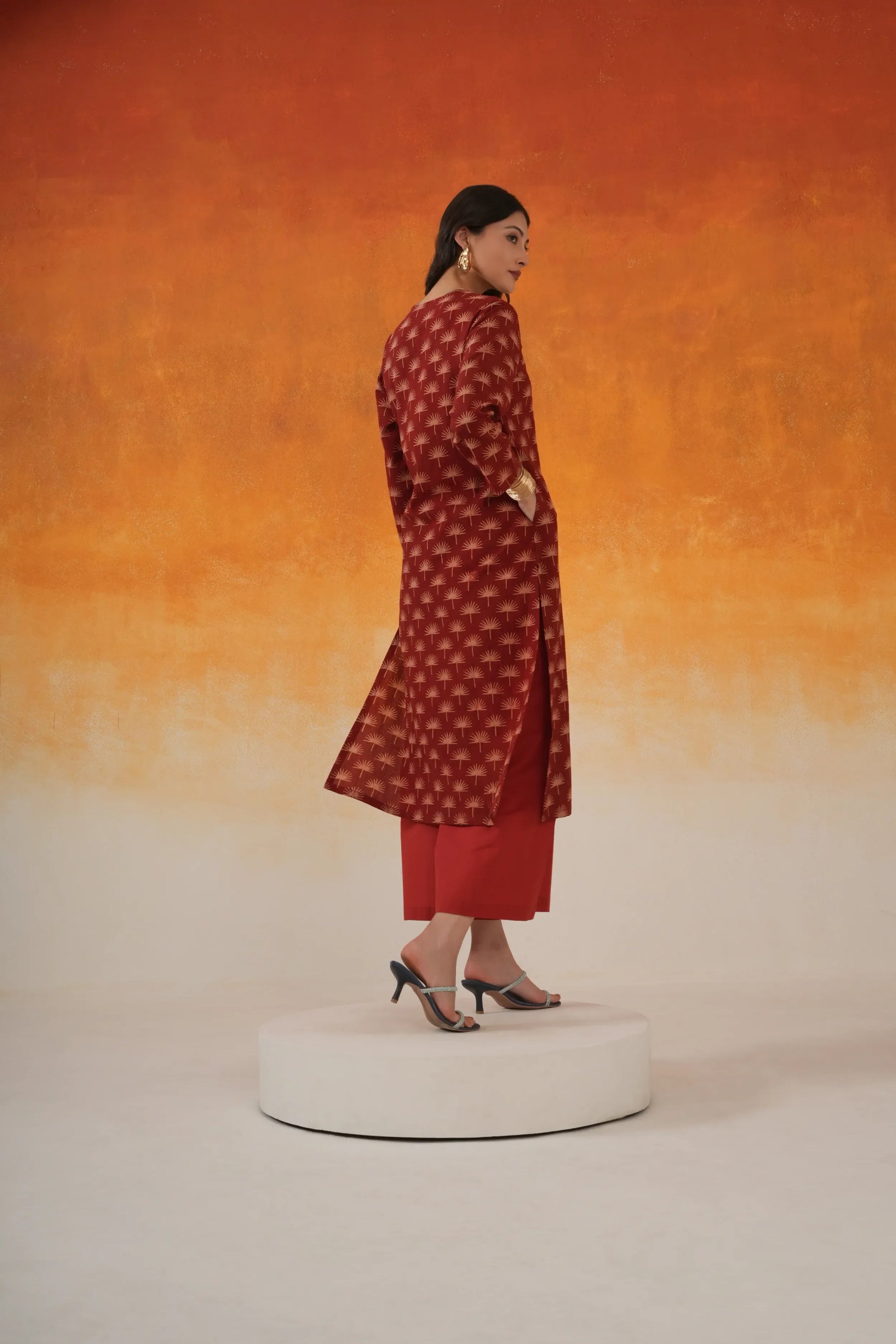 Maple straight fit Ajrakh cotton kurta set in madder red - World of Toji