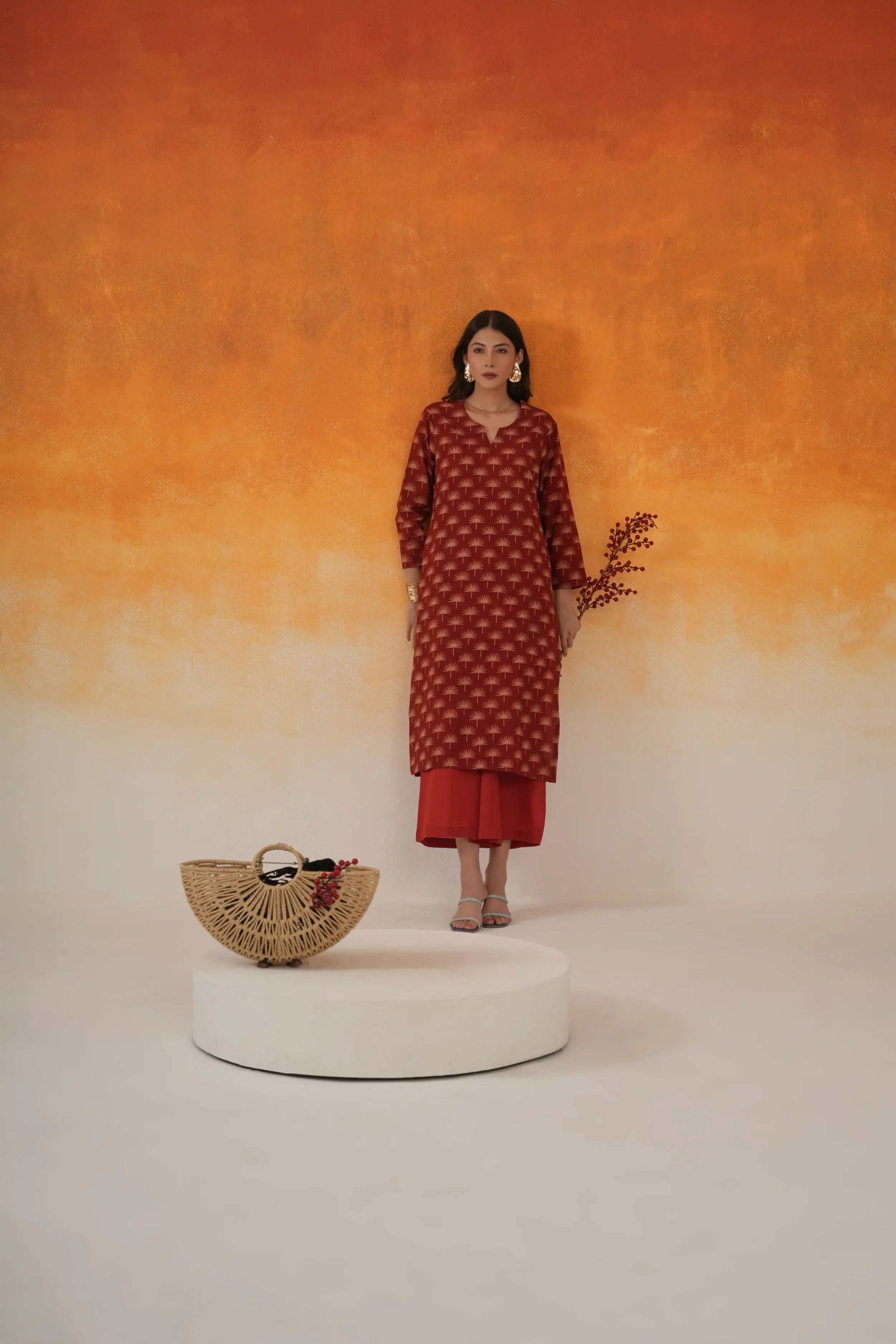 Maple straight Ajrakh cotton kurta set in madder red