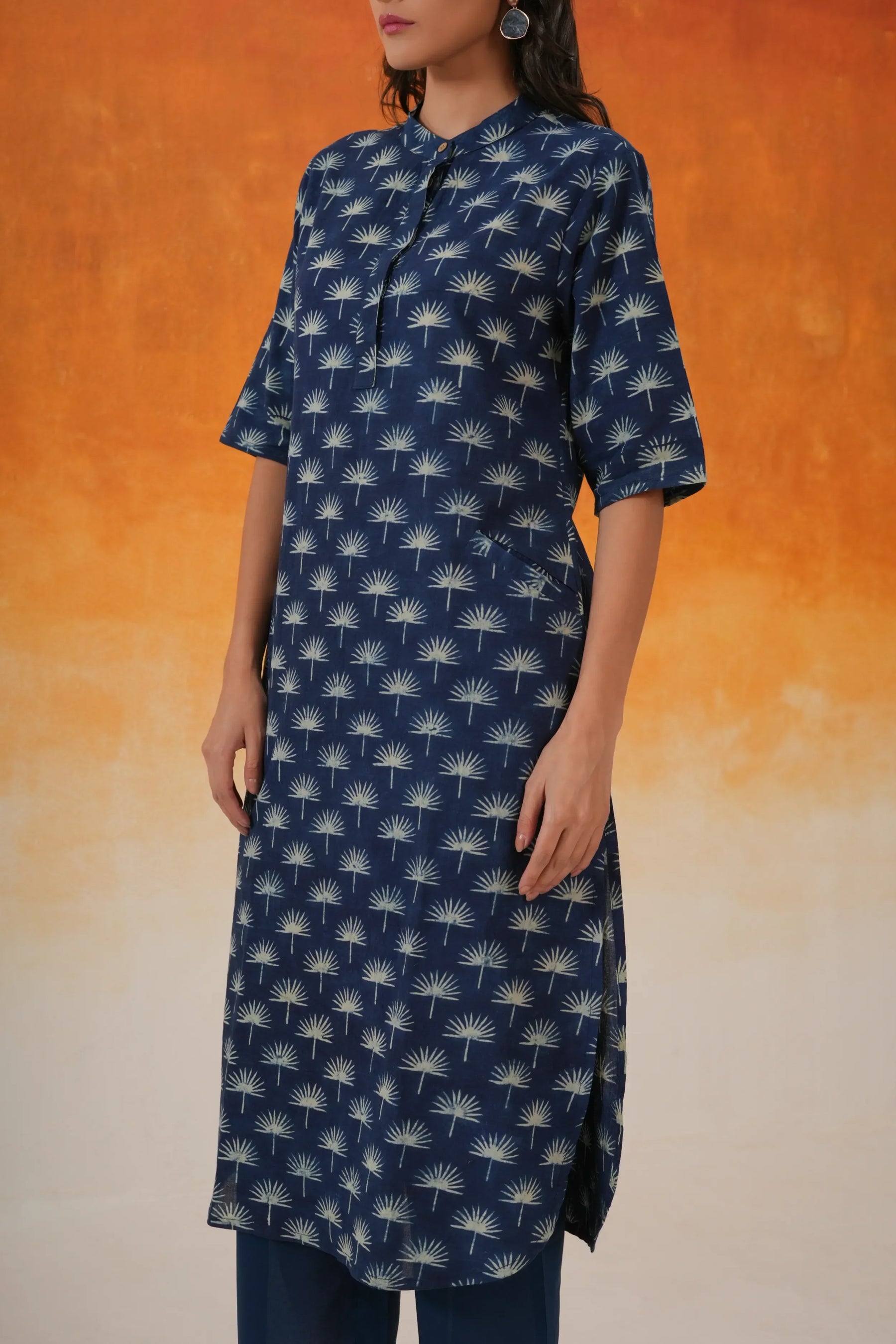 Maple A-line Ajrakh cotton kurta in indigo - World of Toji