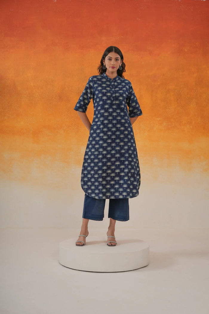 Maple A-line Ajrakh Cotton Kurta - Indigo