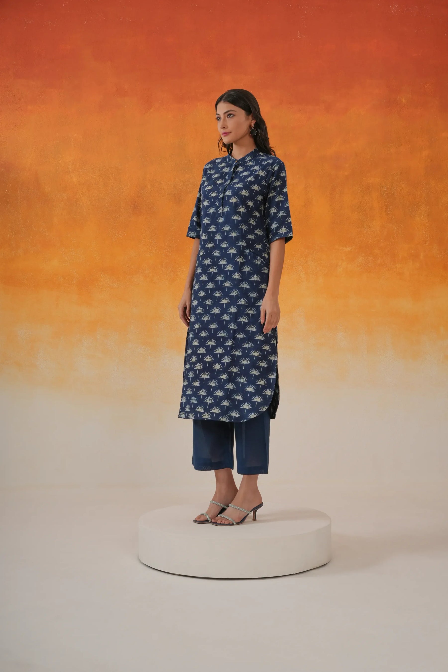 Maple A-line Ajrakh cotton kurta in indigo - World of Toji