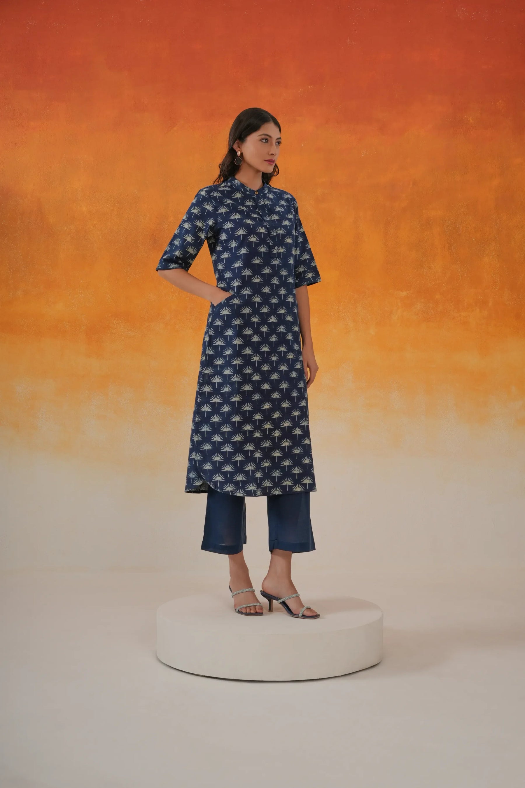 Maple A-line Ajrakh cotton kurta in indigo - World of Toji