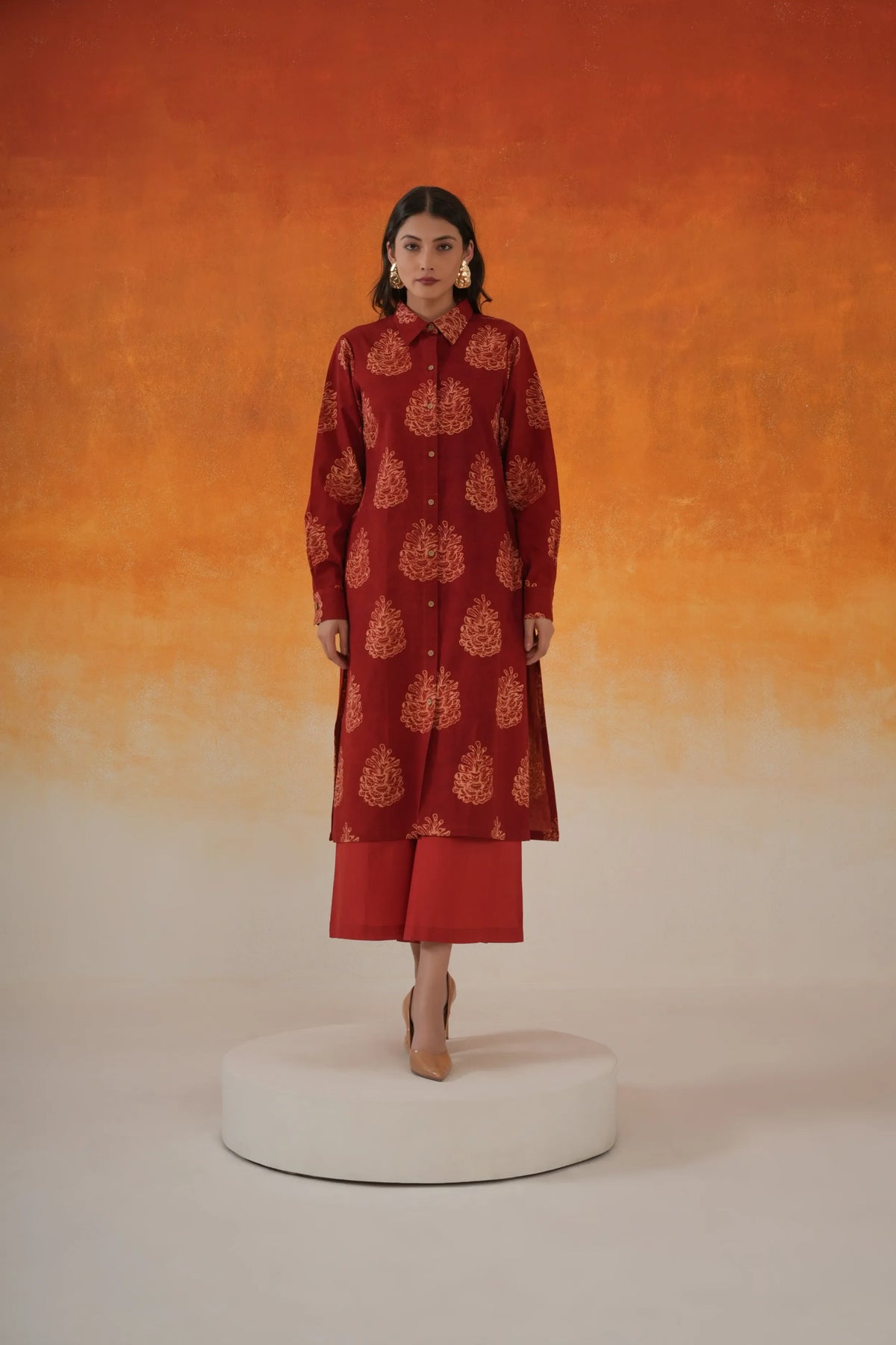 Pine shirt-style Ajrakh cotton kurta set in madder red - World of Toji