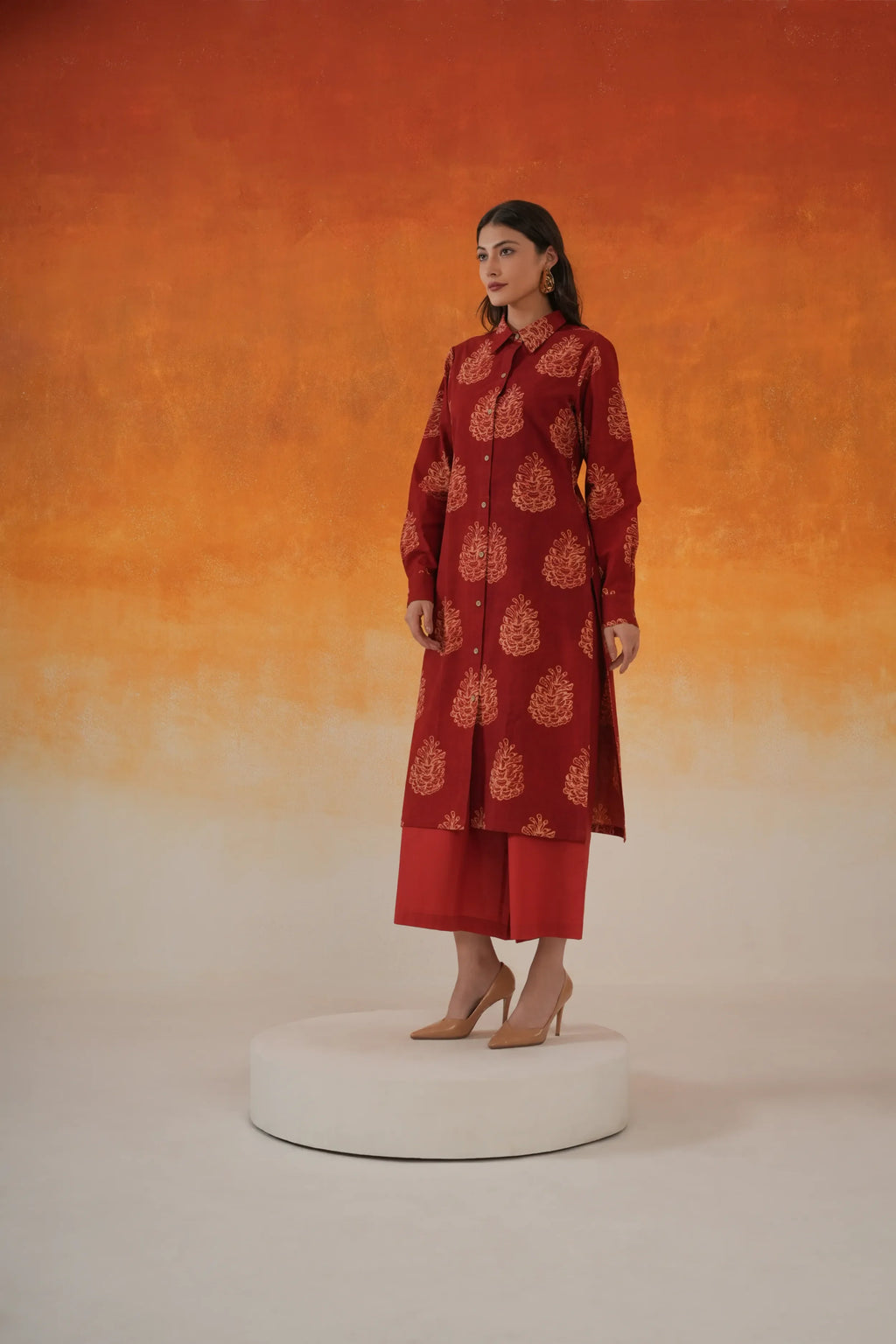 Pine shirt-style Ajrakh cotton kurta set in madder red