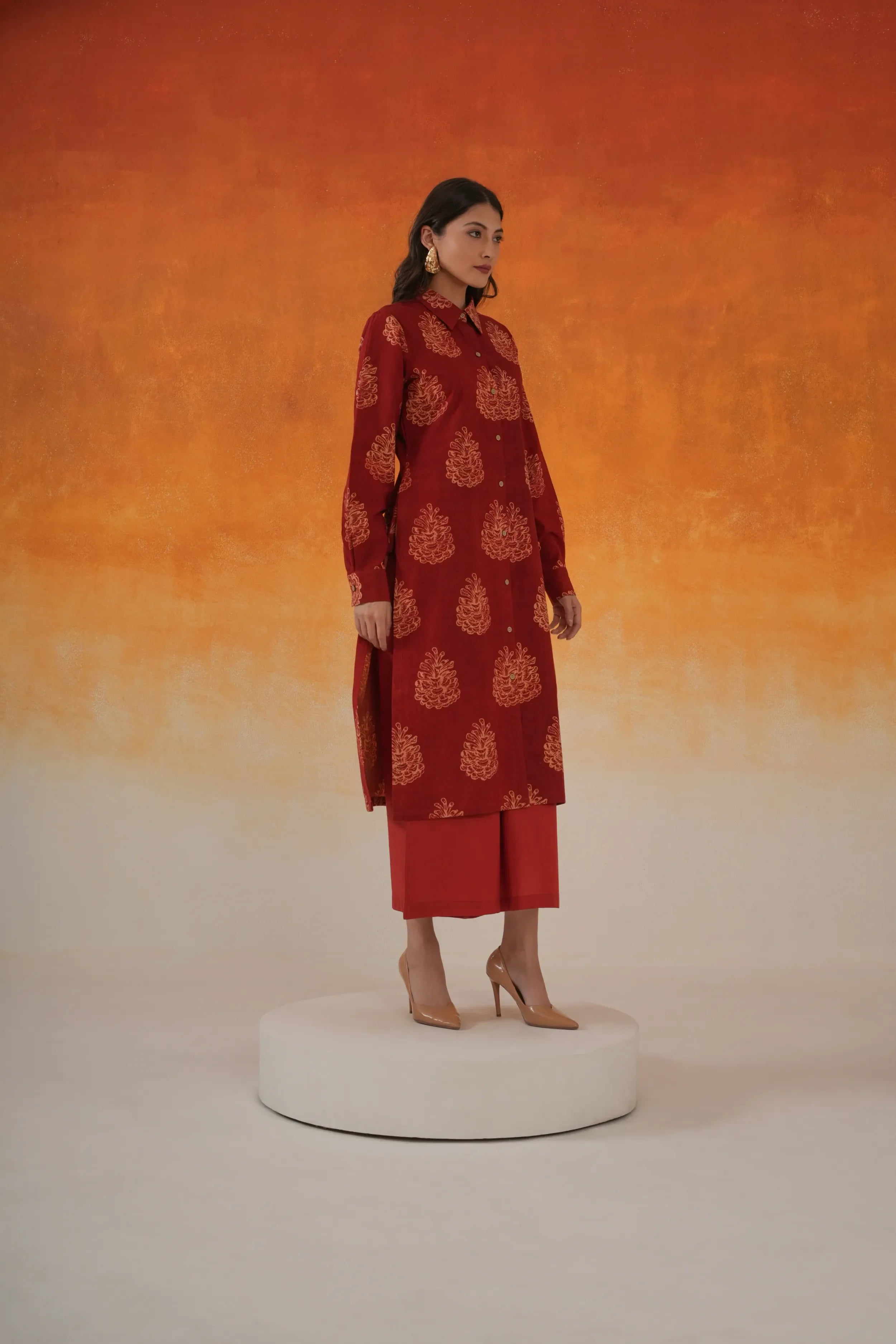 Pine shirt-style Ajrakh cotton kurta set in madder red
