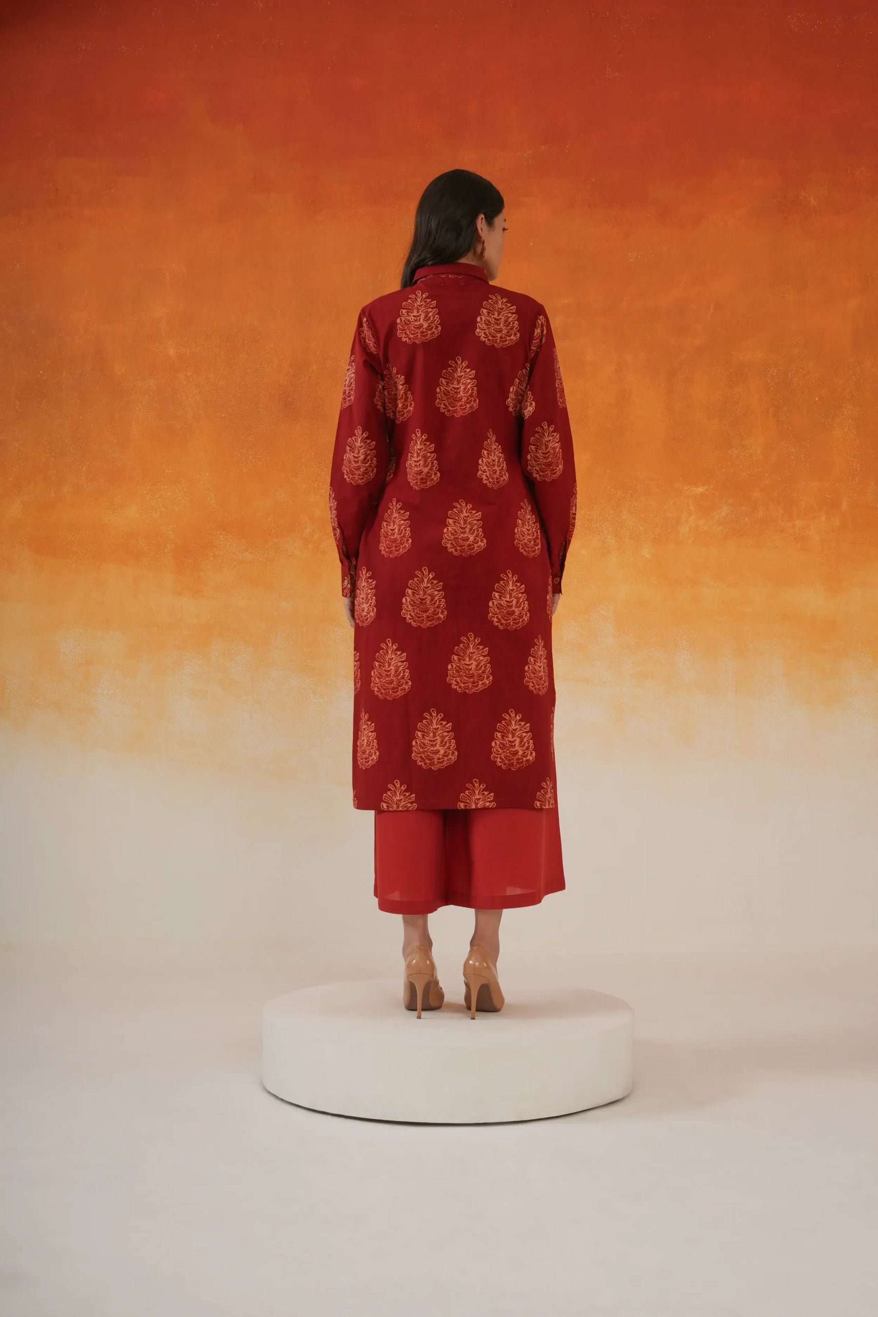 Pine shirt-style Ajrakh cotton kurta set in madder red - World of Toji