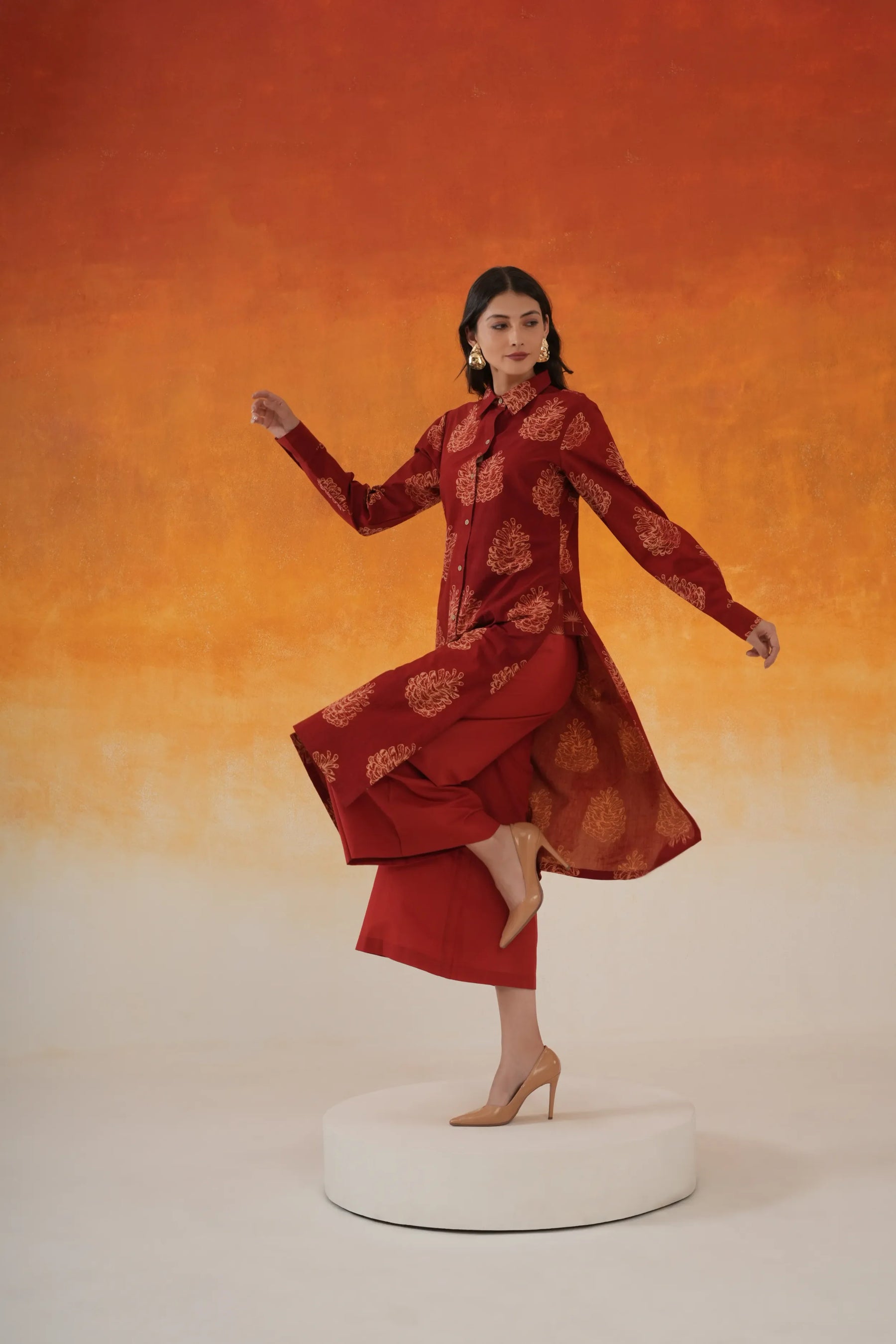 Pine shirt-style Ajrakh cotton kurta set in madder red - World of Toji