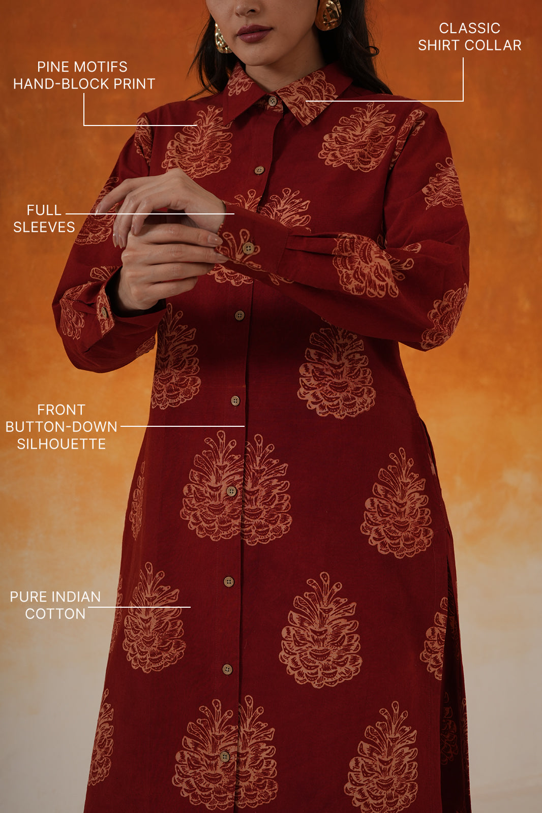 Pine shirt-style Ajrakh cotton kurta set in madder red - World of Toji