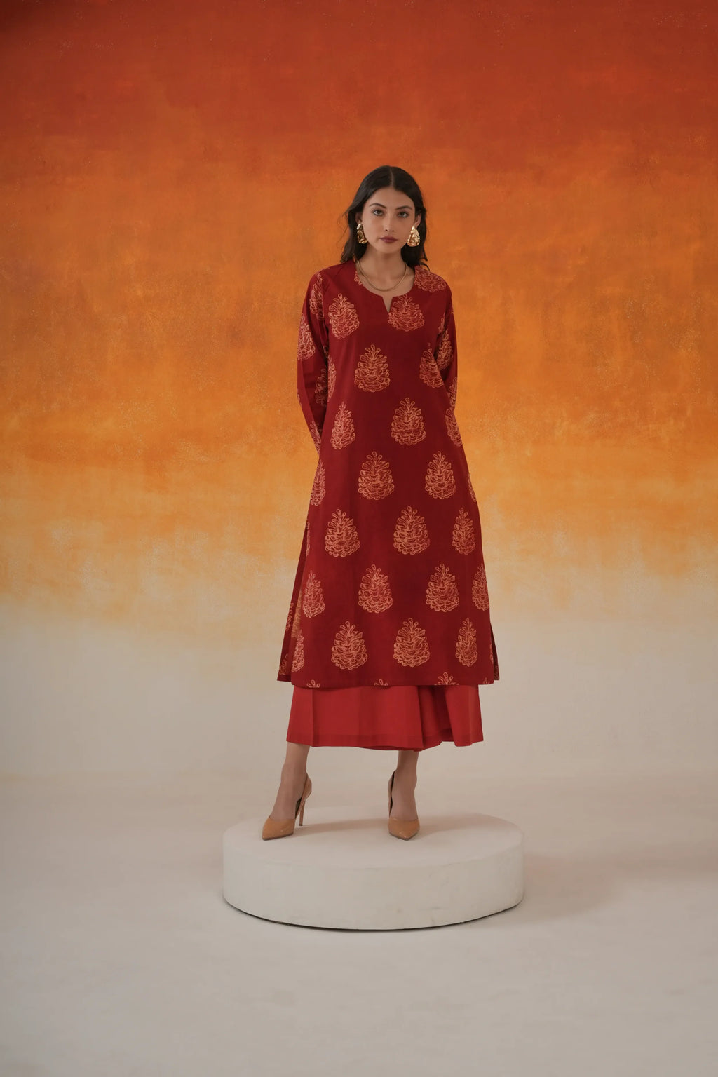 Pine straight Ajrakh cotton kurta set in madder red