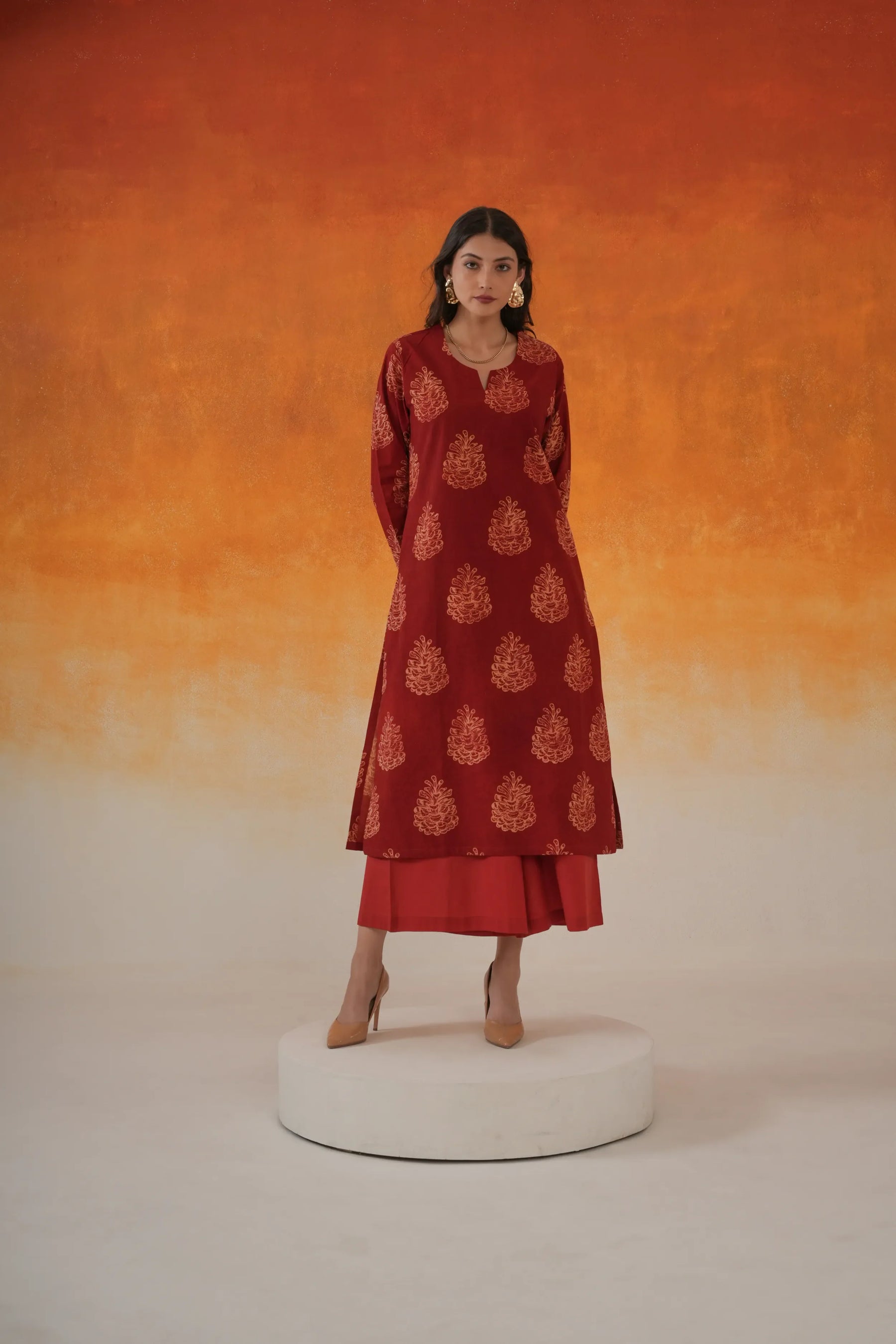 Pine straight fit Ajrakh cotton kurta set in madder red - World of Toji