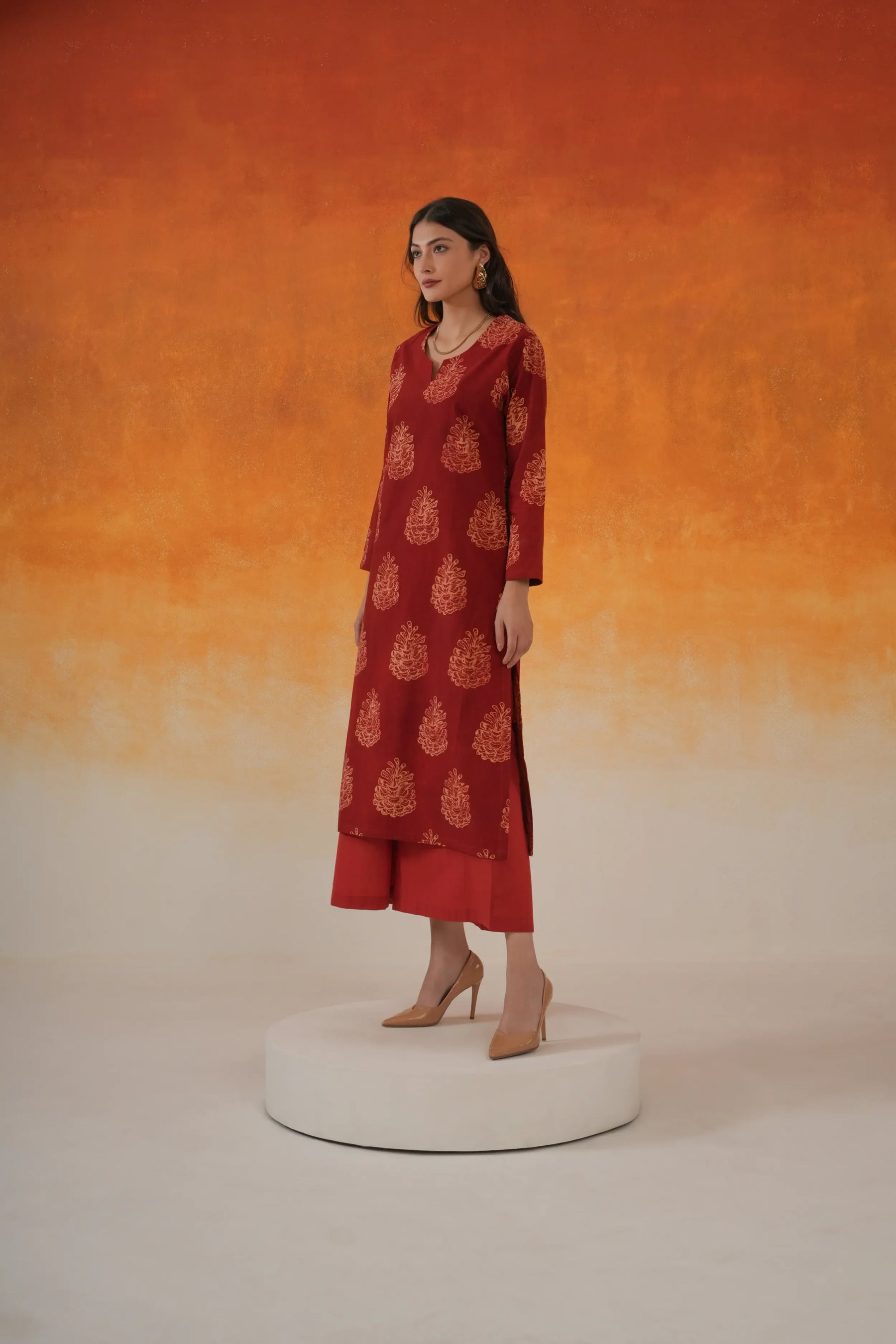 Pine straight fit Ajrakh cotton kurta set in madder red - World of Toji